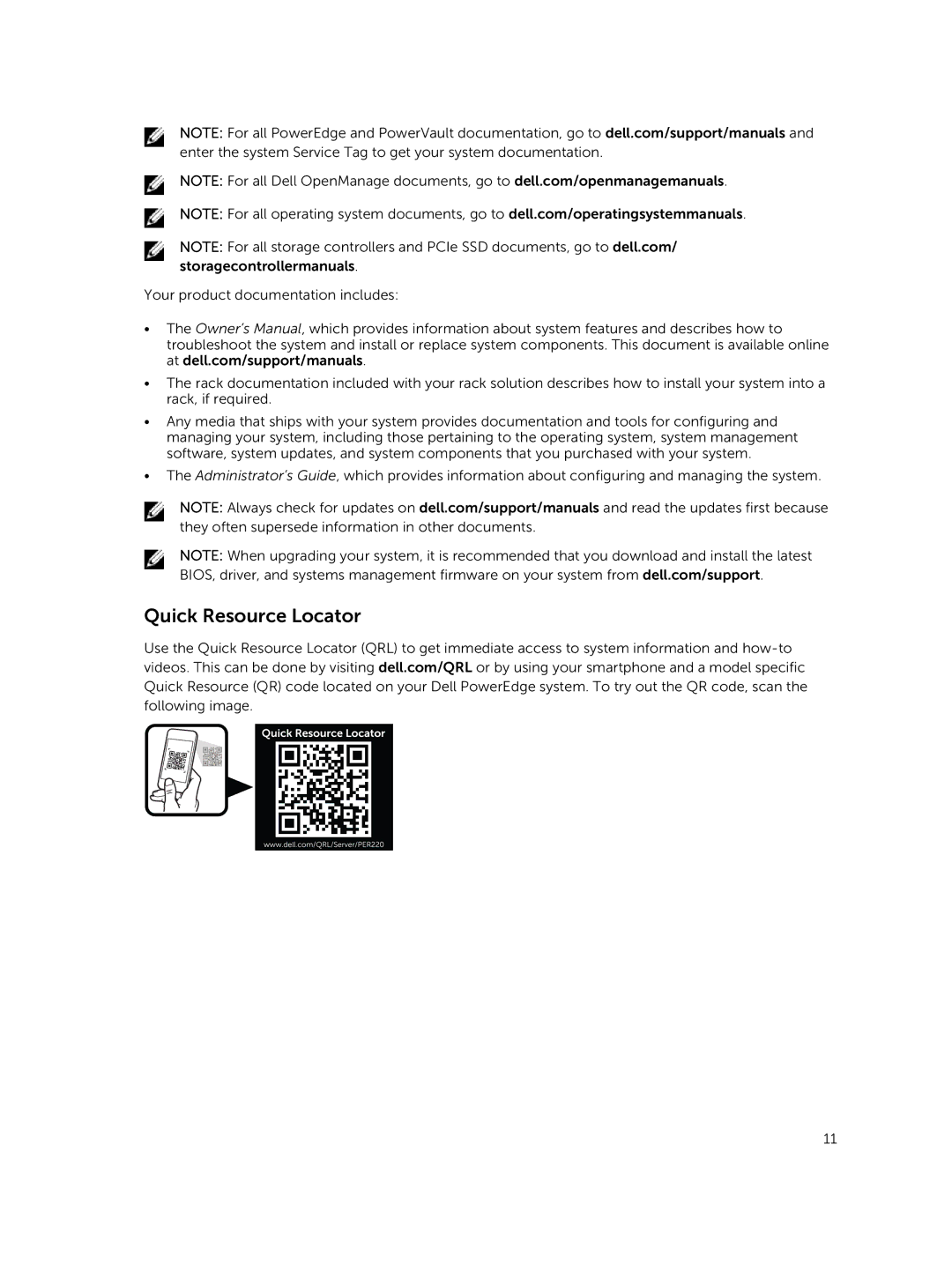 Dell R220 owner manual Quick Resource Locator 