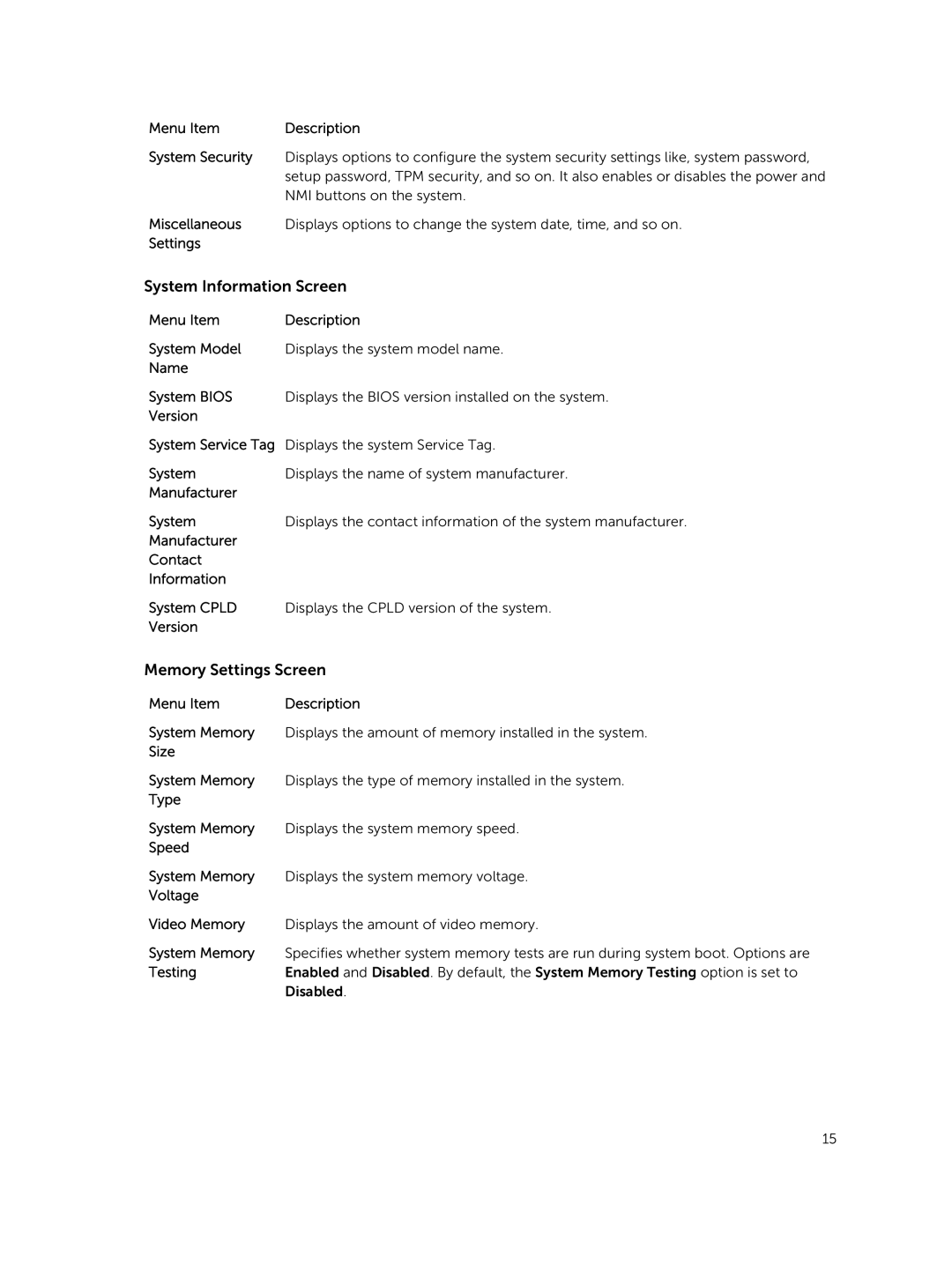 Dell R220 owner manual System Information Screen, Memory Settings Screen 