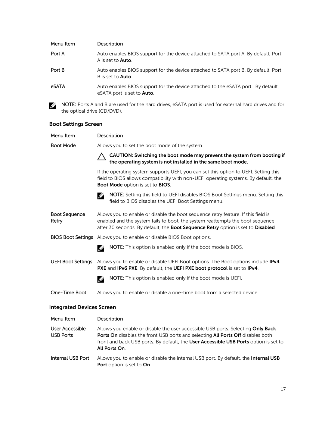 Dell R220 owner manual Boot Settings Screen, Integrated Devices Screen 