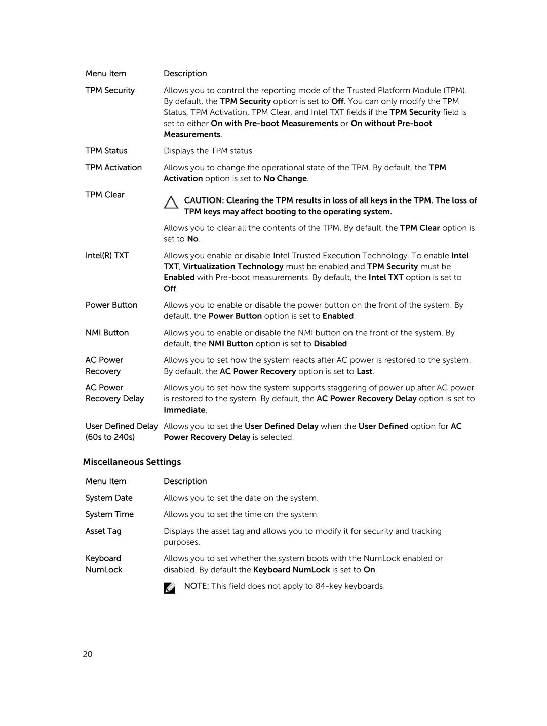 Dell R220 owner manual Miscellaneous Settings, Power Button 