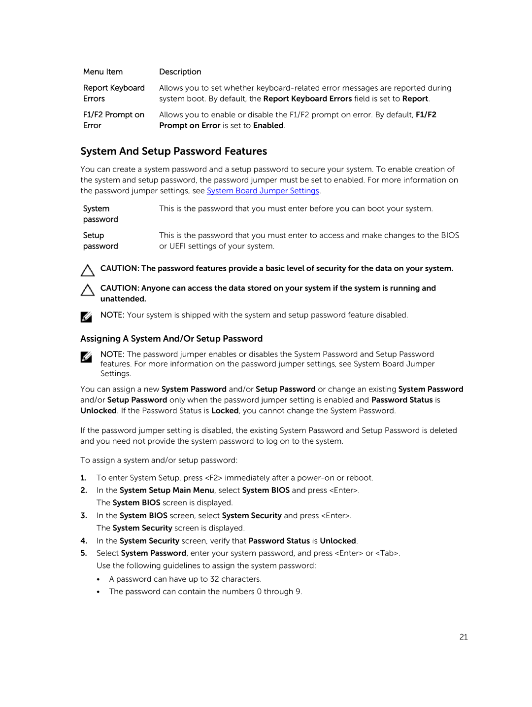 Dell R220 owner manual System And Setup Password Features, Assigning a System And/Or Setup Password 