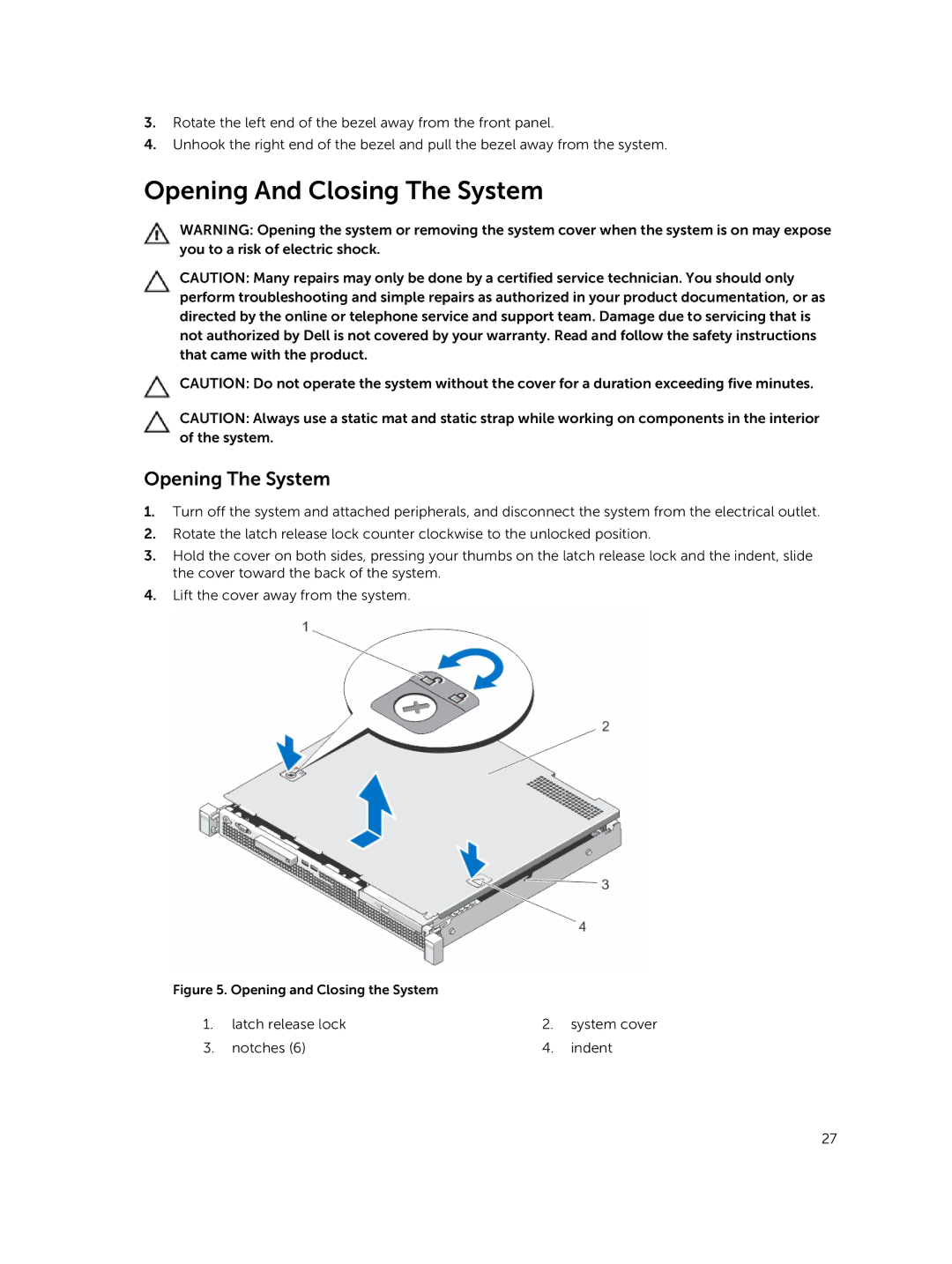 Dell R220 owner manual Opening And Closing The System, Opening The System 