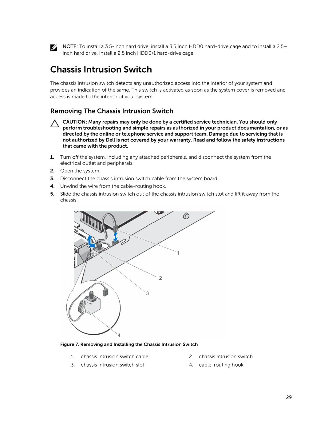 Dell R220 owner manual Removing The Chassis Intrusion Switch 