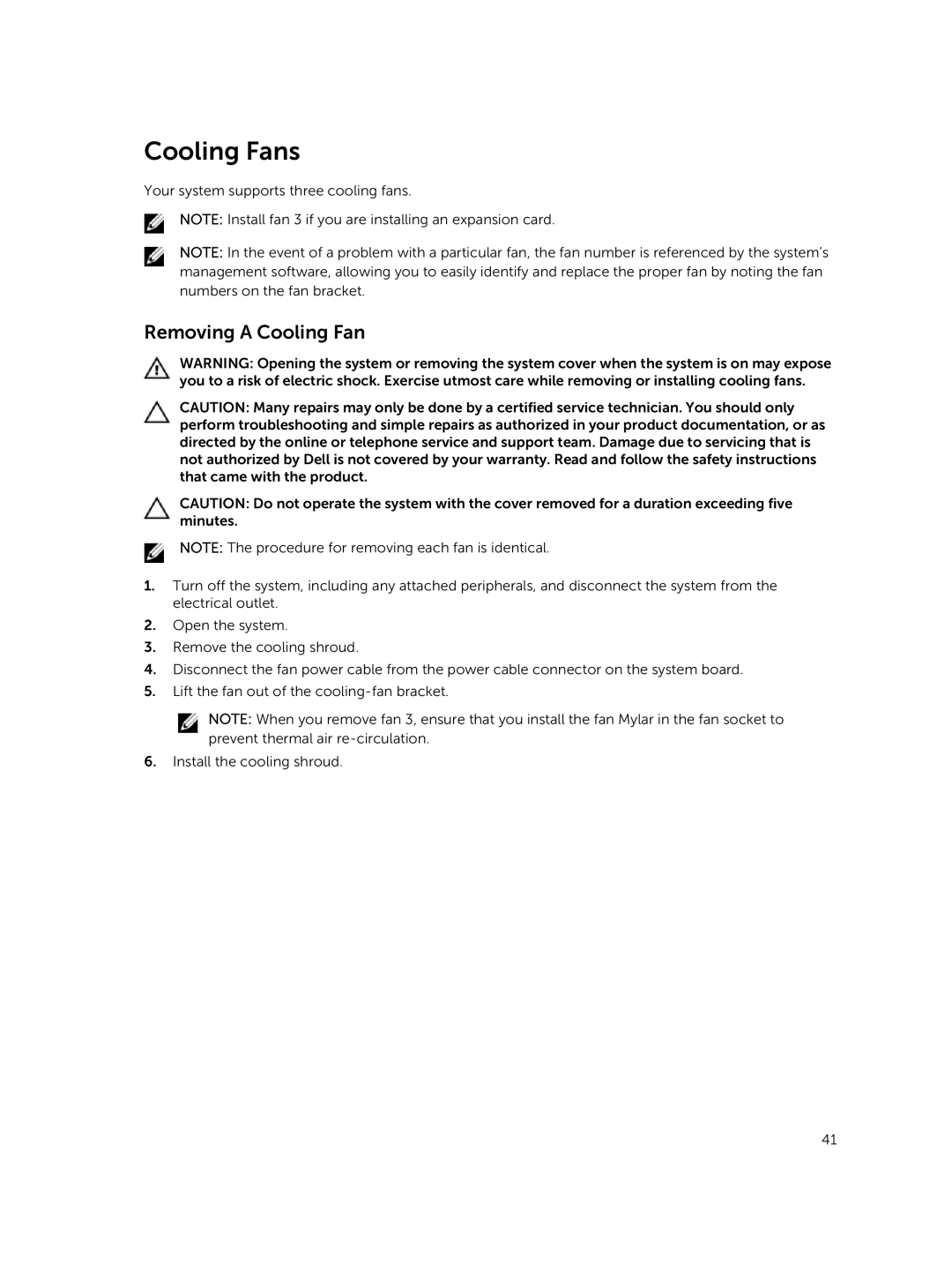 Dell R220 owner manual Cooling Fans, Removing a Cooling Fan 