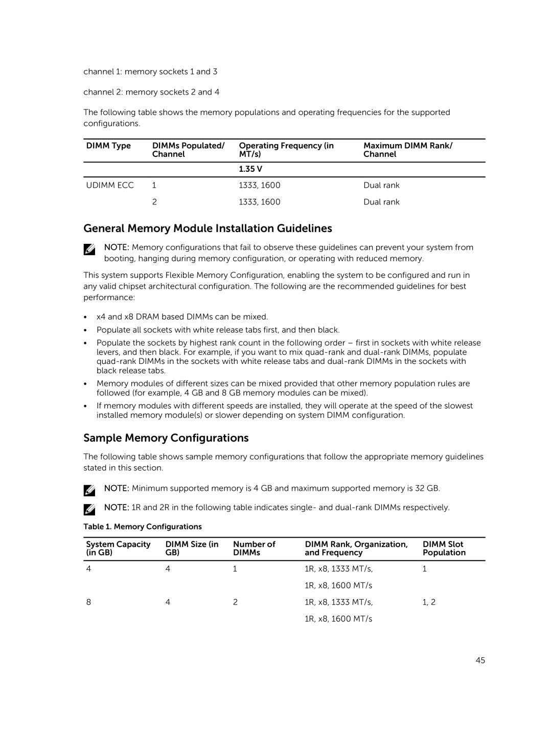 Dell R220 owner manual General Memory Module Installation Guidelines, Sample Memory Configurations 