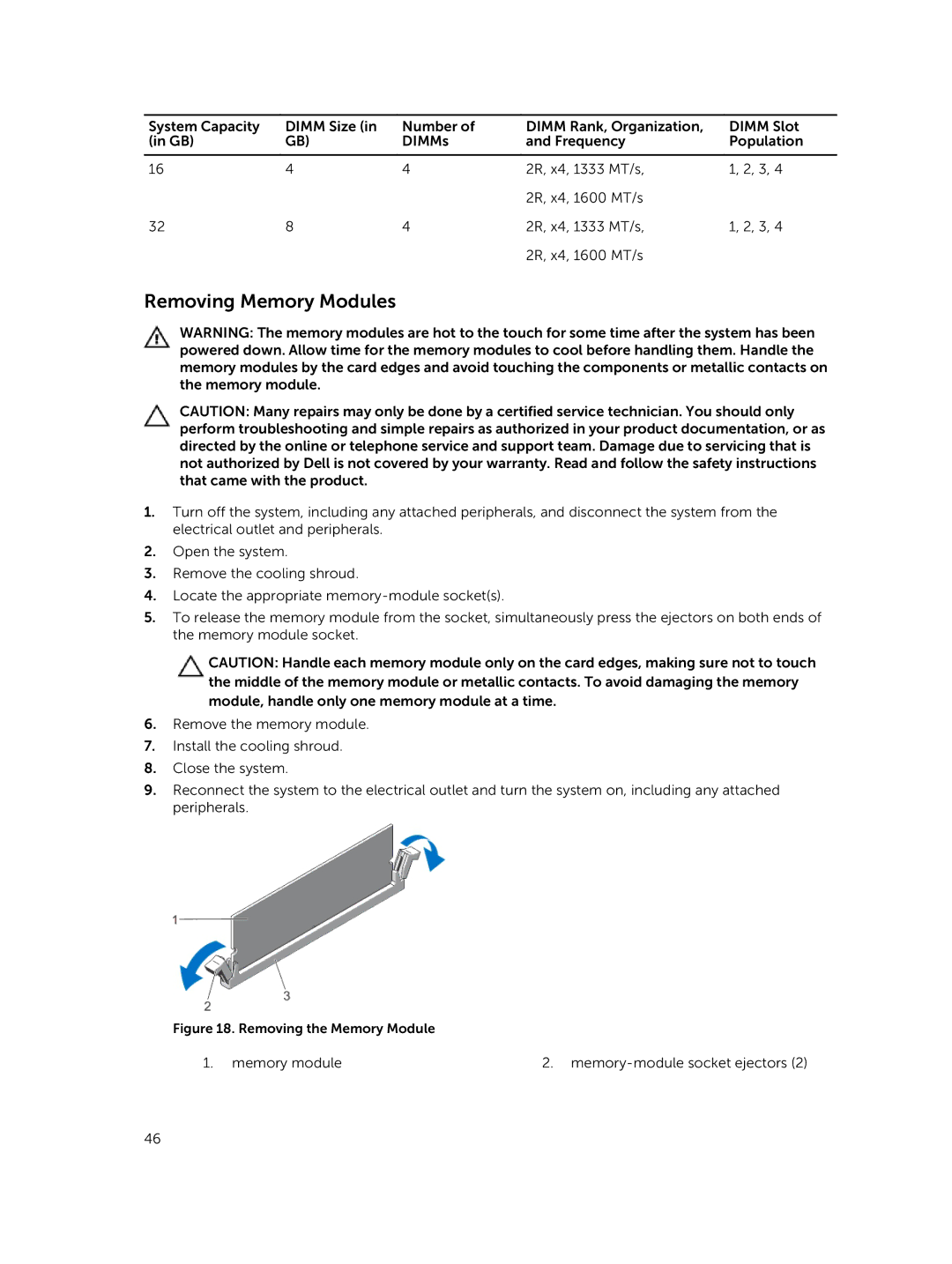 Dell R220 owner manual Removing Memory Modules, Removing the Memory Module 