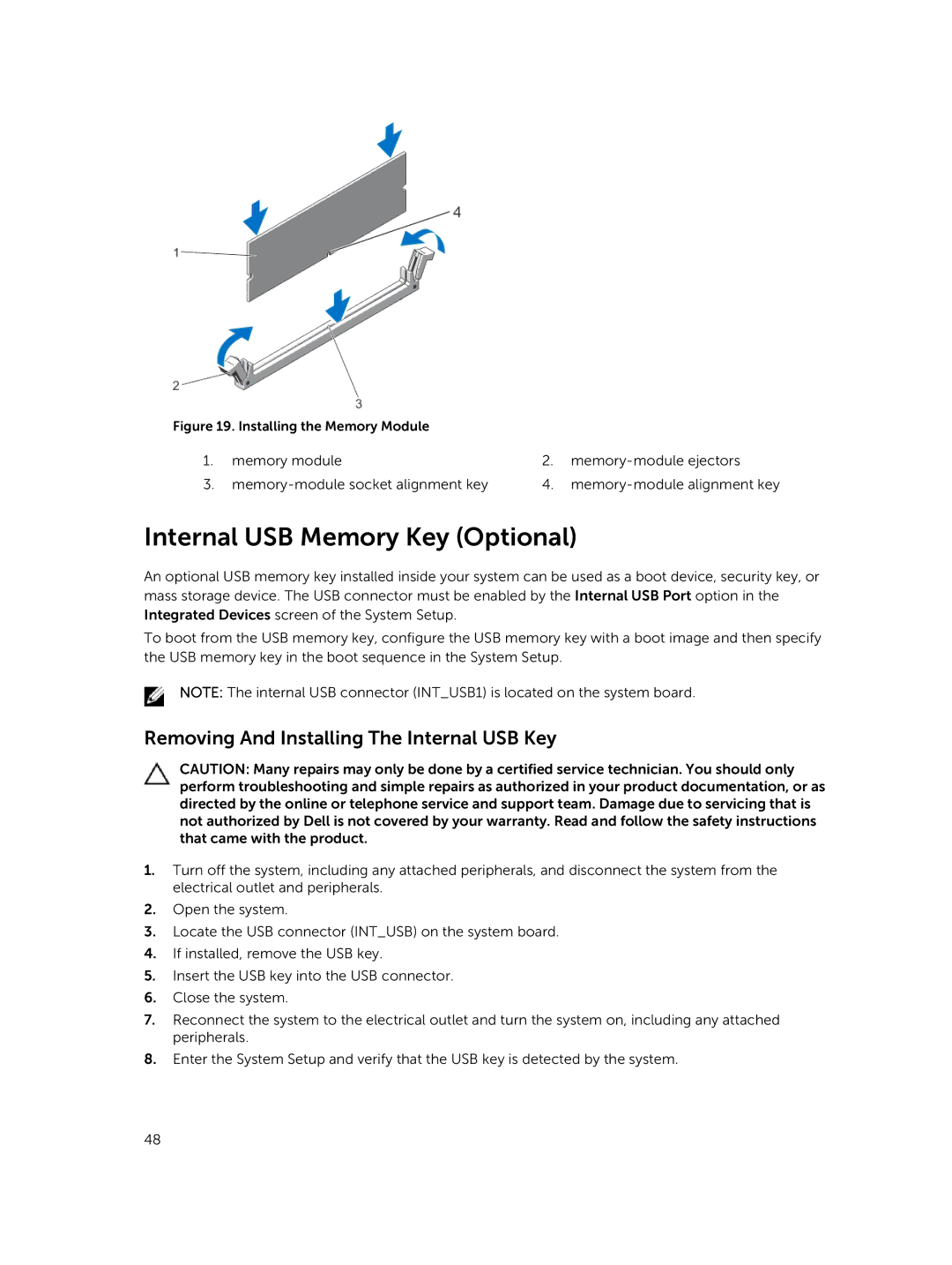 Dell R220 owner manual Internal USB Memory Key Optional, Removing And Installing The Internal USB Key 