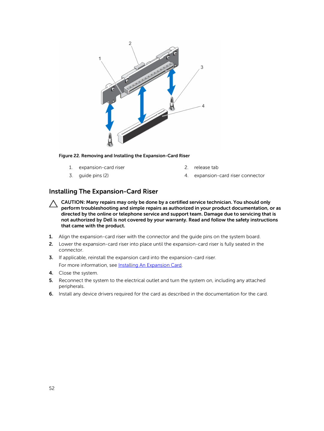 Dell R220 owner manual Installing The Expansion-Card Riser, Removing and Installing the Expansion-Card Riser 