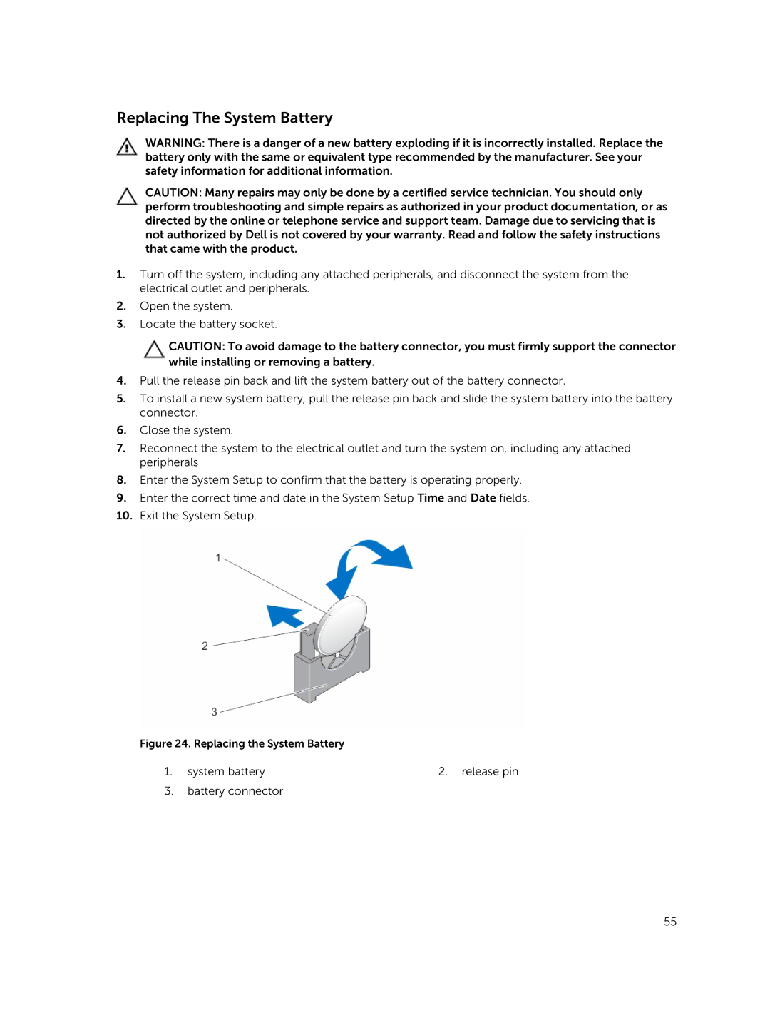 Dell R220 owner manual Replacing The System Battery, Replacing the System Battery 