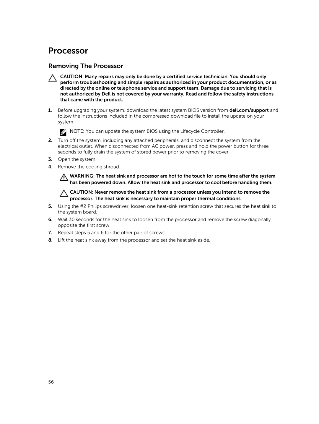 Dell R220 owner manual Removing The Processor 