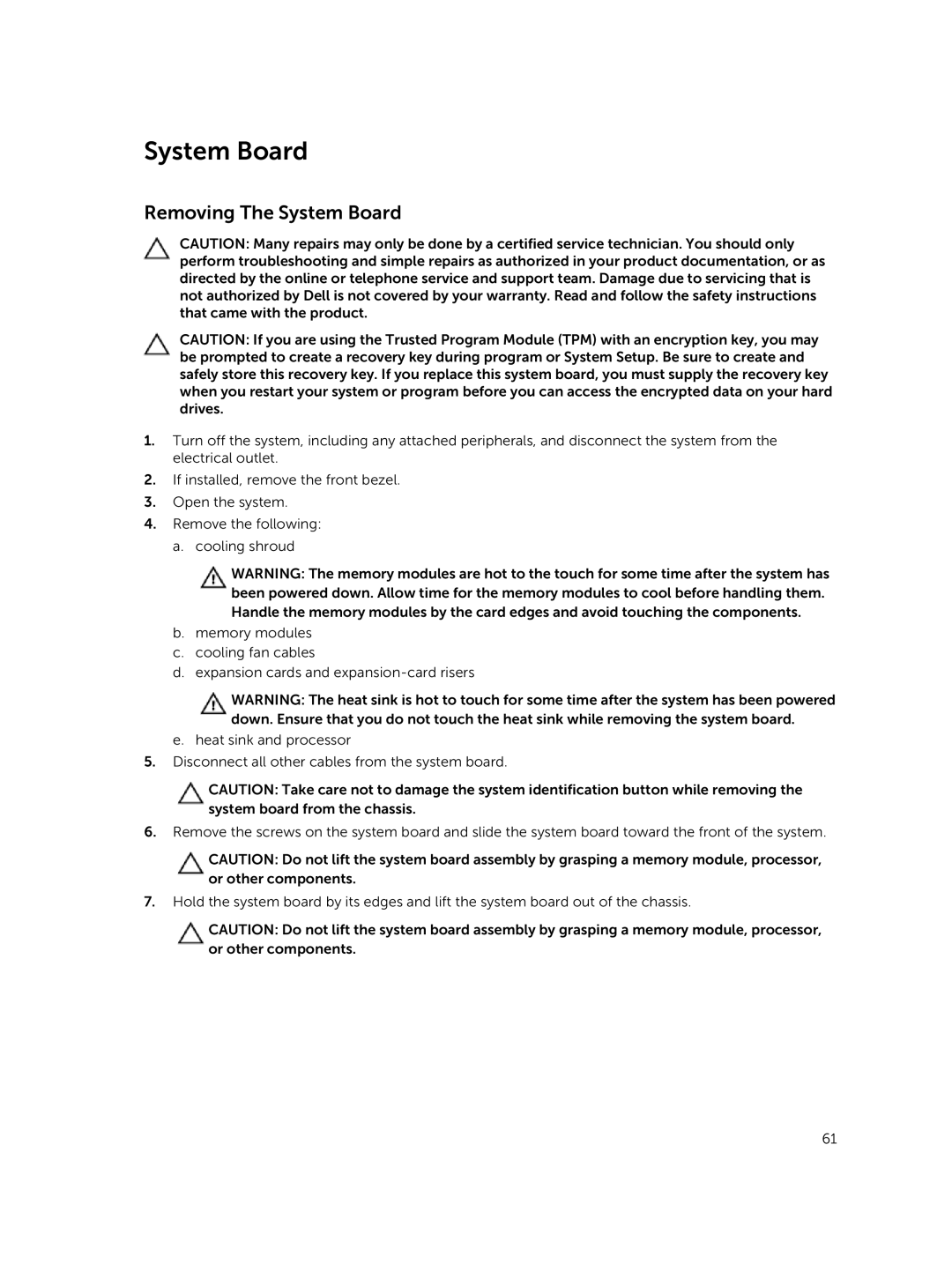 Dell R220 owner manual Removing The System Board 