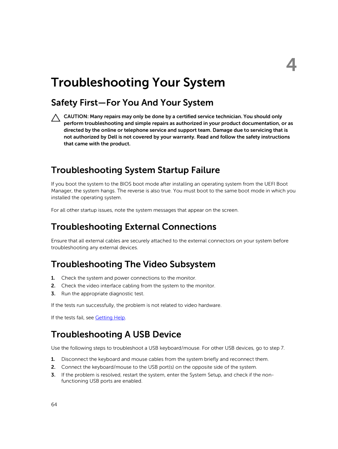 Dell R220 Troubleshooting Your System, Troubleshooting External Connections, Troubleshooting The Video Subsystem 