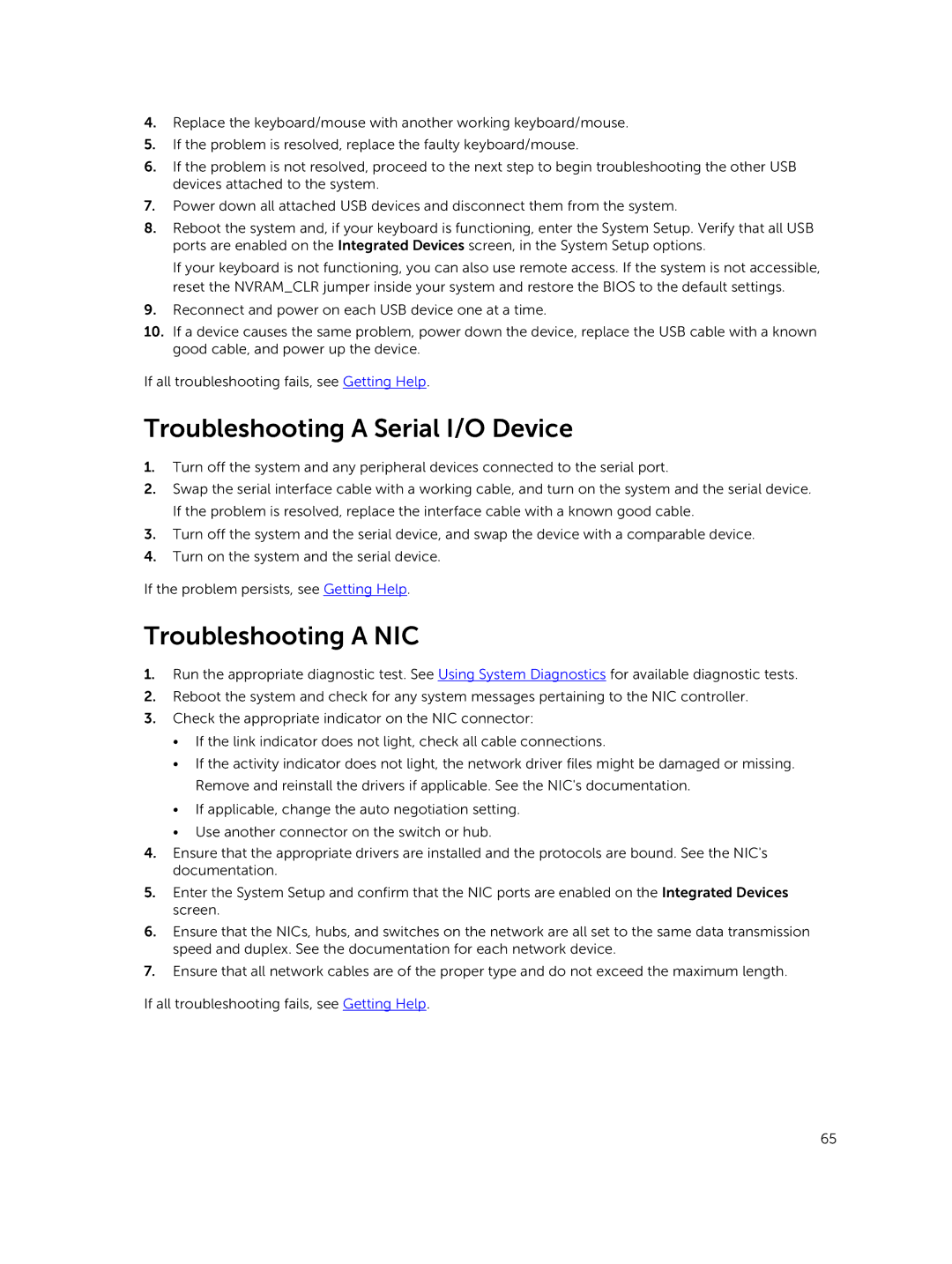 Dell R220 owner manual Troubleshooting a Serial I/O Device, Troubleshooting a NIC 