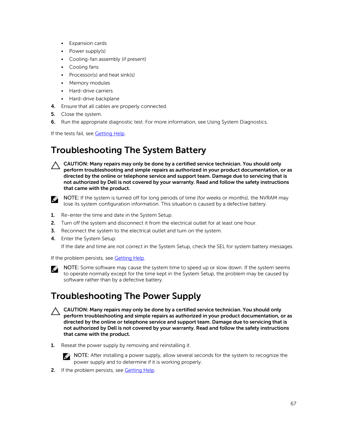 Dell R220 owner manual Troubleshooting The System Battery, Troubleshooting The Power Supply 