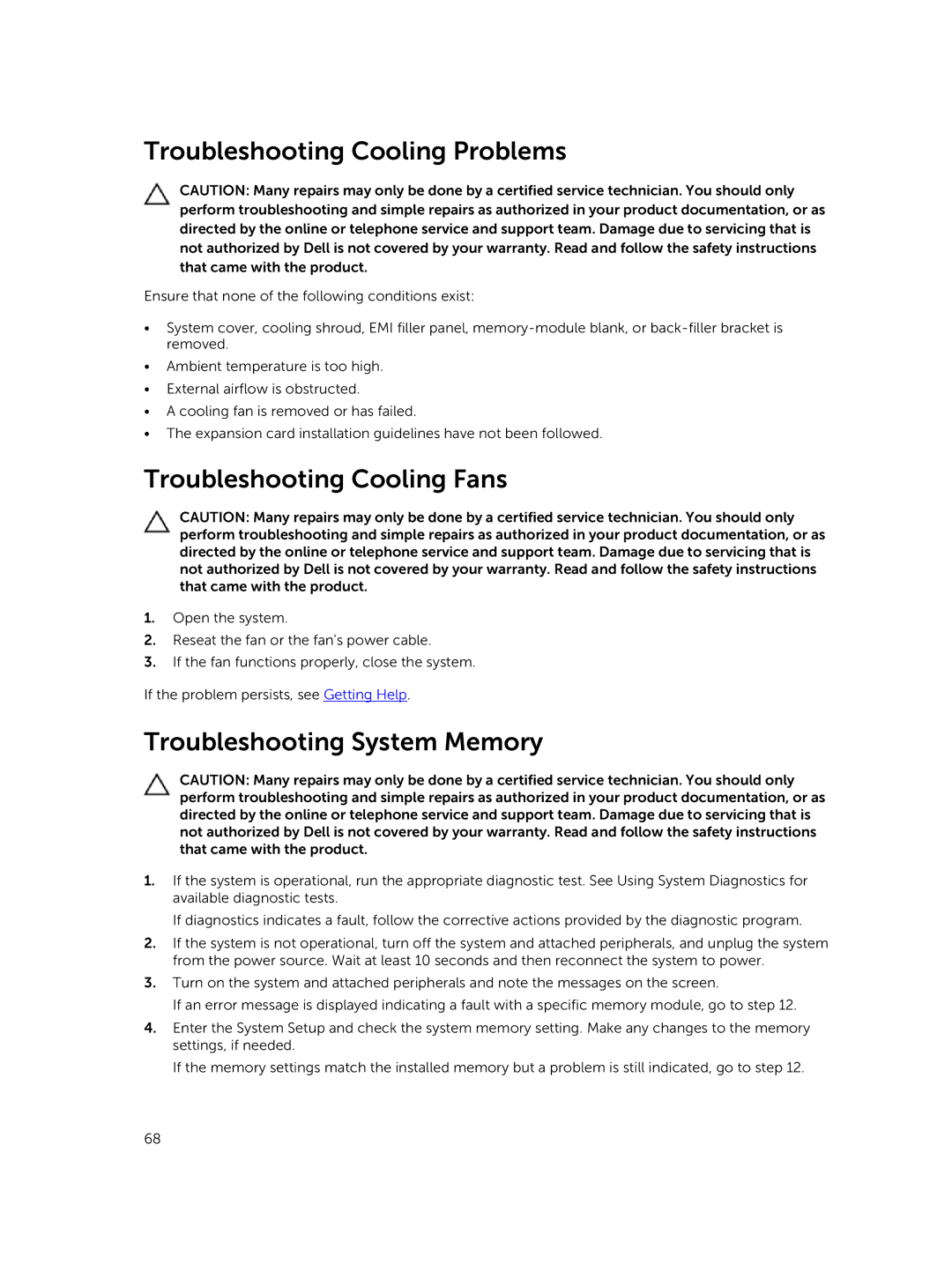 Dell R220 owner manual Troubleshooting Cooling Problems, Troubleshooting Cooling Fans, Troubleshooting System Memory 