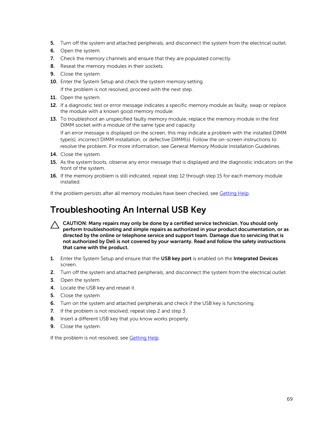 Dell R220 owner manual Troubleshooting An Internal USB Key 