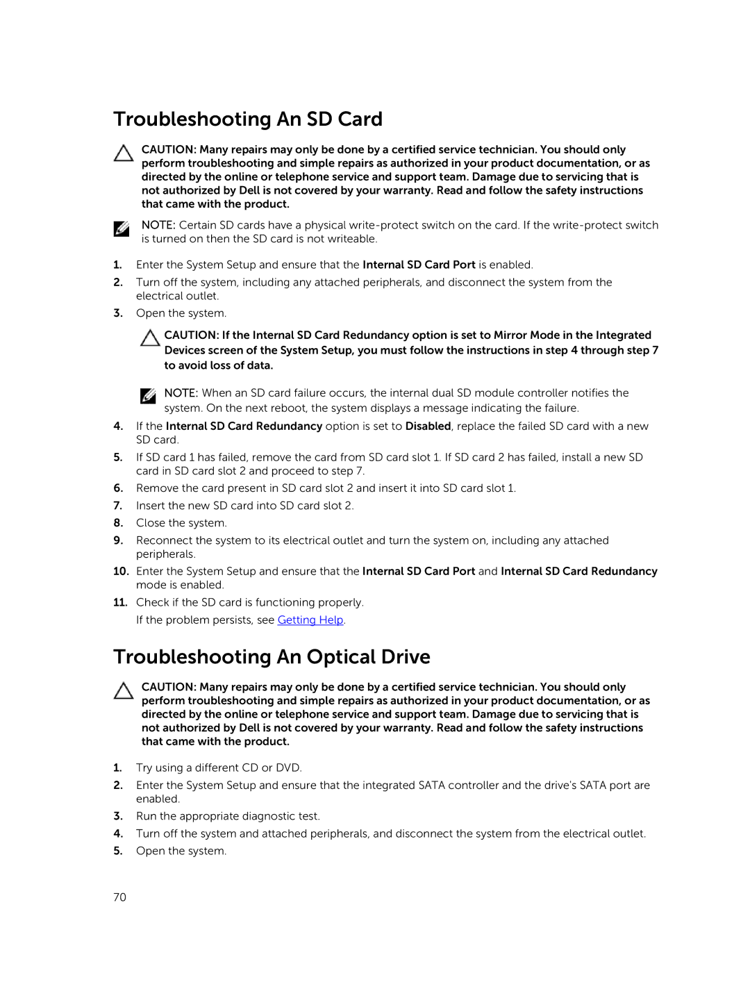 Dell R220 owner manual Troubleshooting An SD Card, Troubleshooting An Optical Drive 