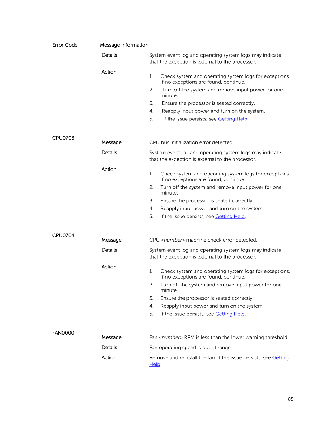 Dell R220 owner manual CPU0703 Message 