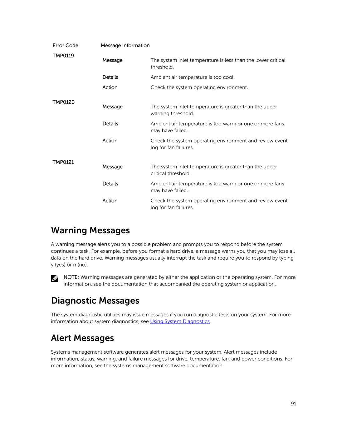 Dell R220 owner manual Diagnostic Messages, Alert Messages 