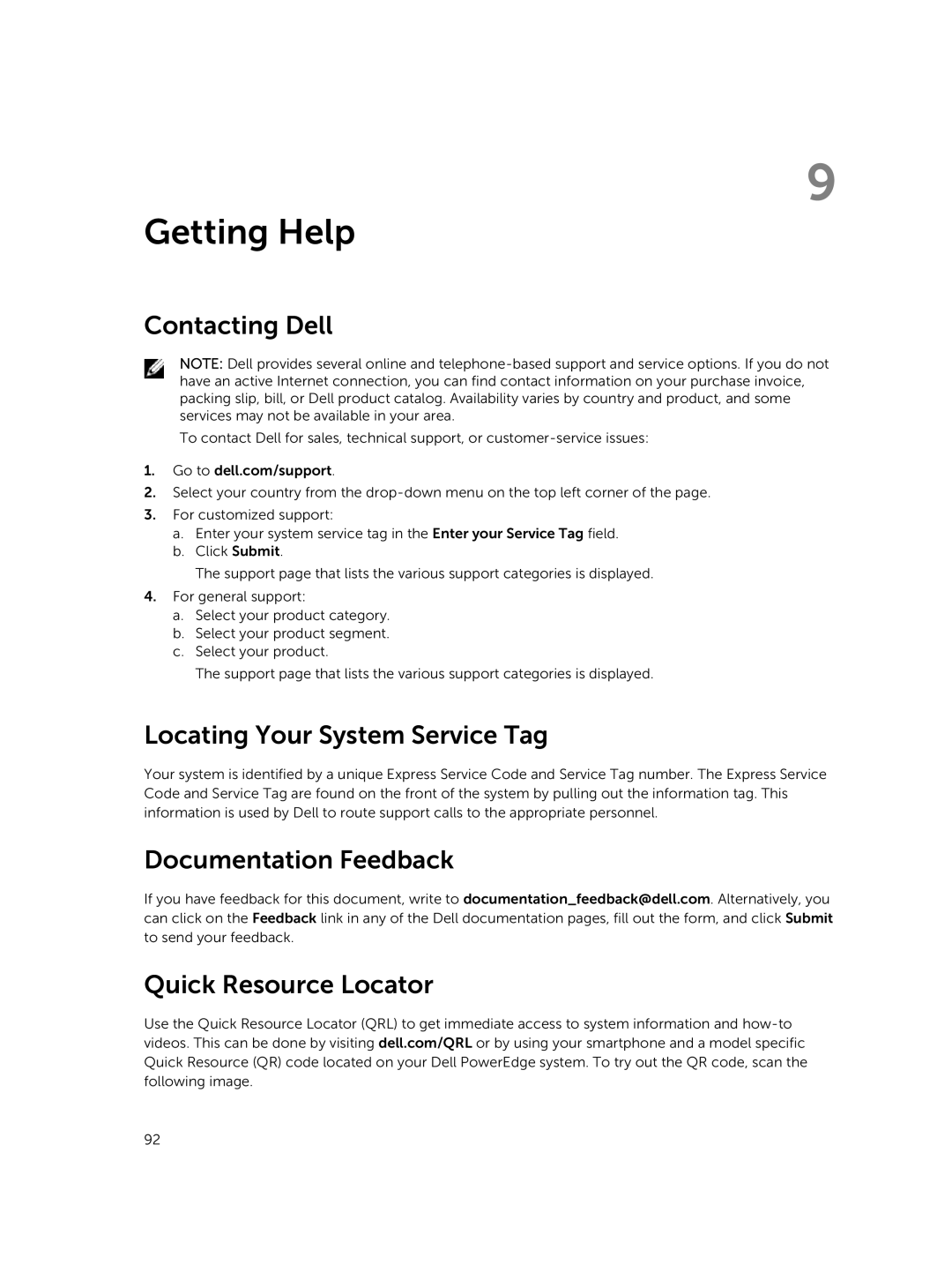 Dell R220 Getting Help, Contacting Dell, Locating Your System Service Tag, Documentation Feedback, Quick Resource Locator 