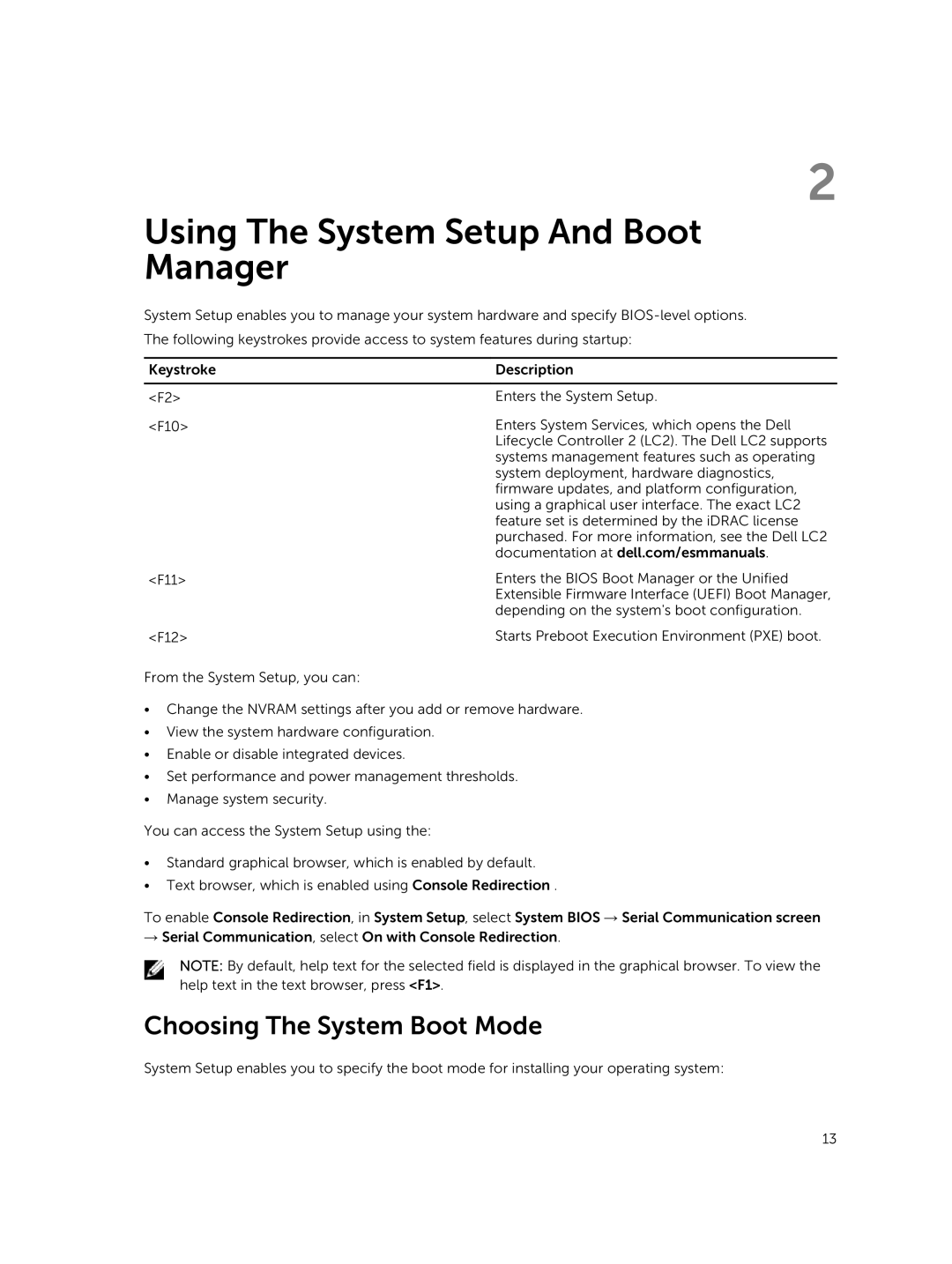 Dell R220 owner manual Using The System Setup And Boot Manager, Choosing The System Boot Mode 