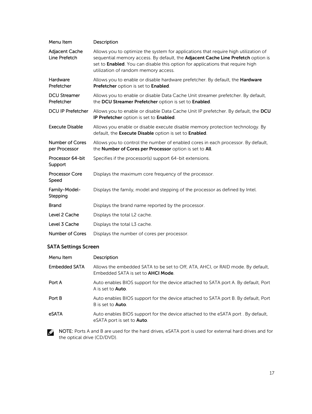 Dell R220 owner manual Sata Settings Screen, Menu Item Description Embedded Sata 