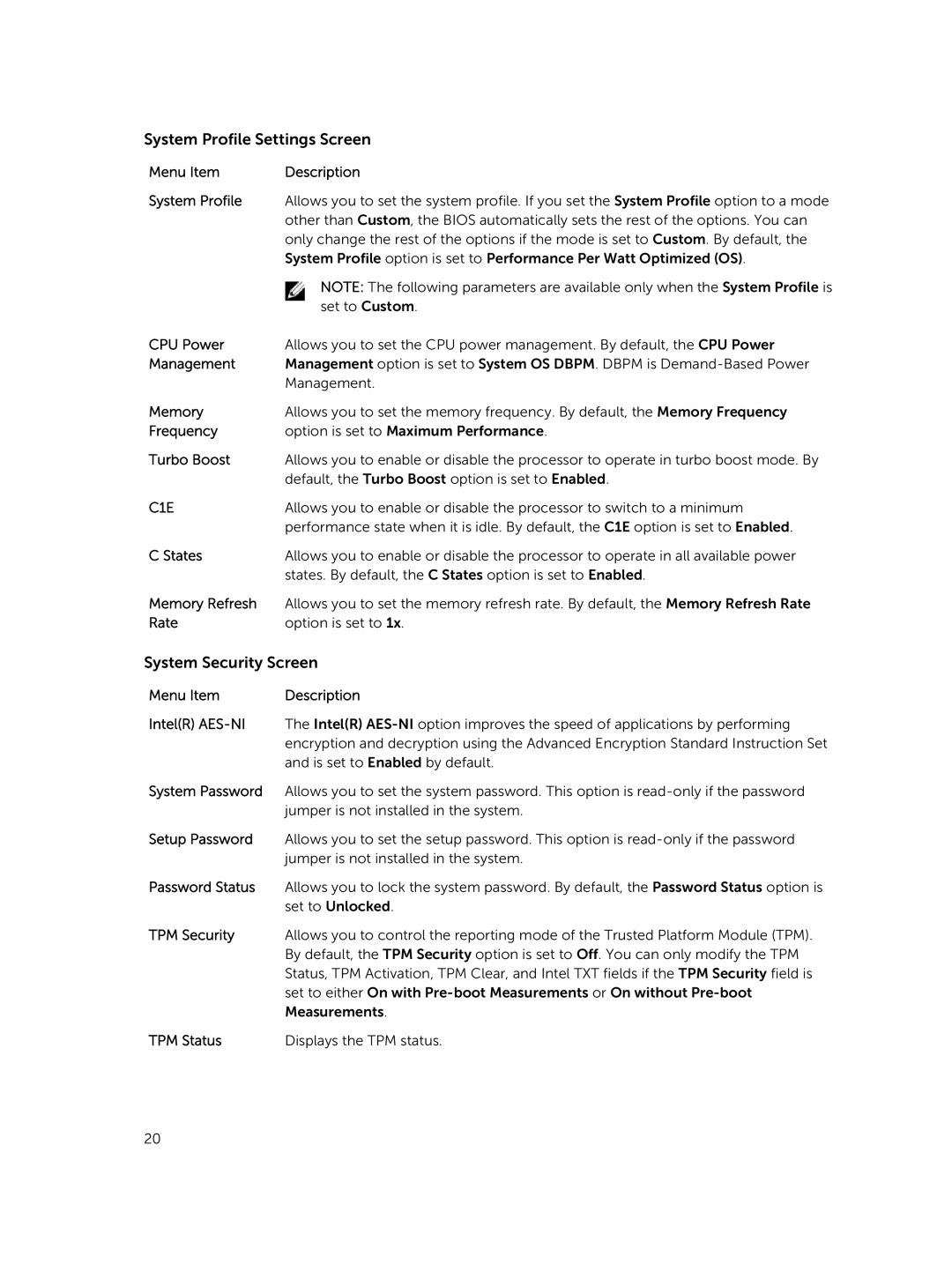 Dell R220 owner manual System Profile Settings Screen, System Security Screen 