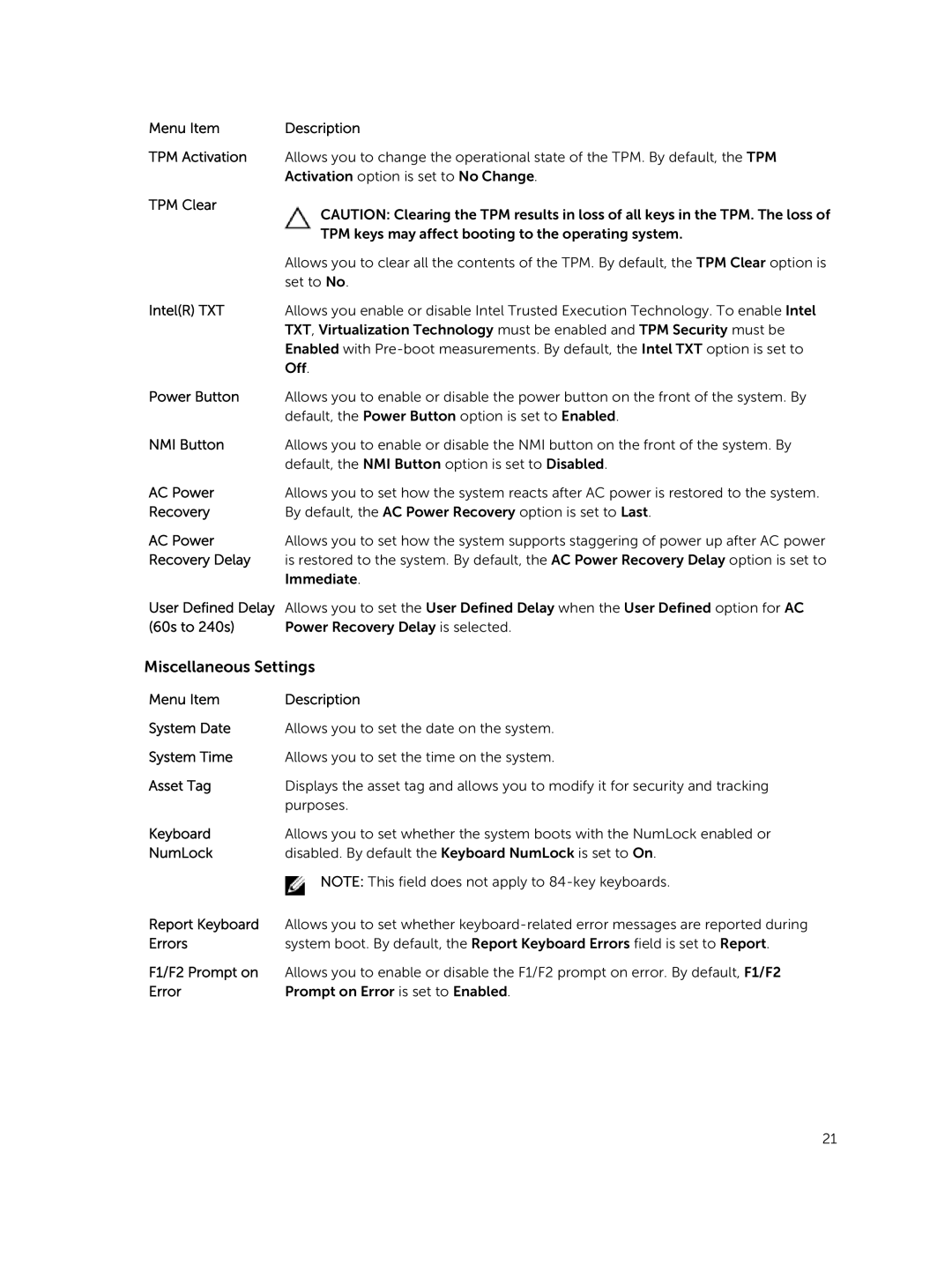 Dell R220 owner manual Miscellaneous Settings, Recovery Delay 