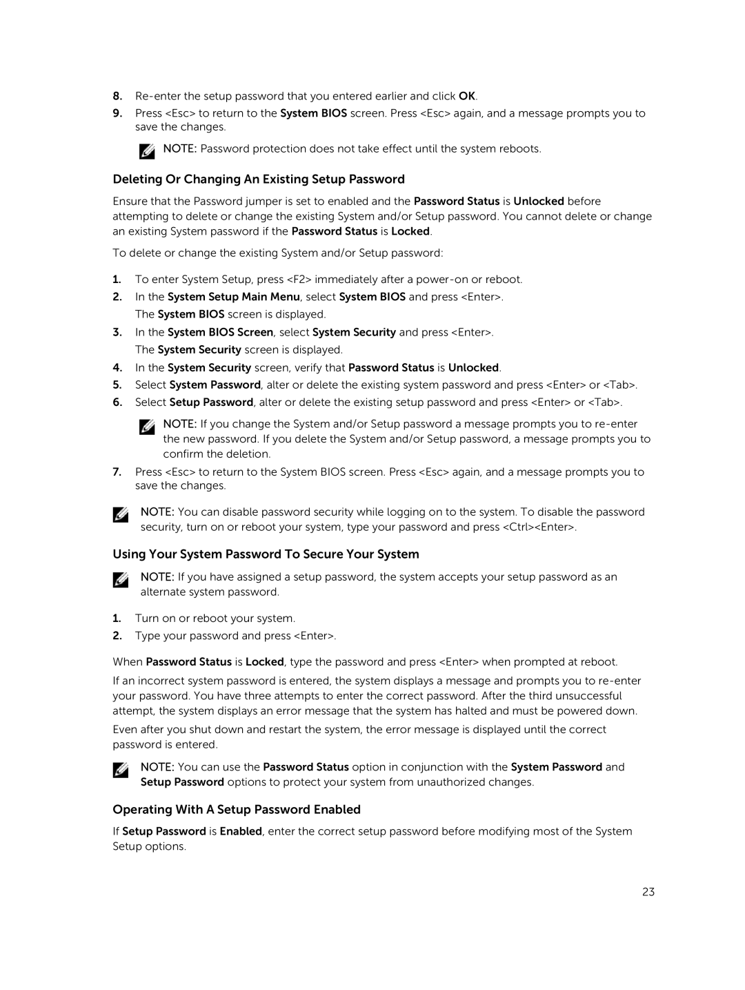 Dell R220 owner manual Deleting Or Changing An Existing Setup Password, Using Your System Password To Secure Your System 