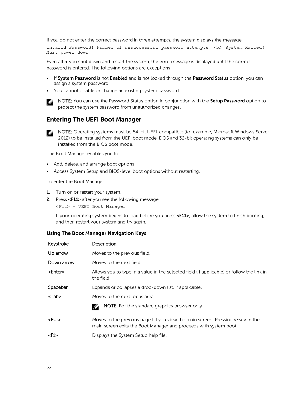 Dell R220 owner manual Entering The Uefi Boot Manager, Using The Boot Manager Navigation Keys 