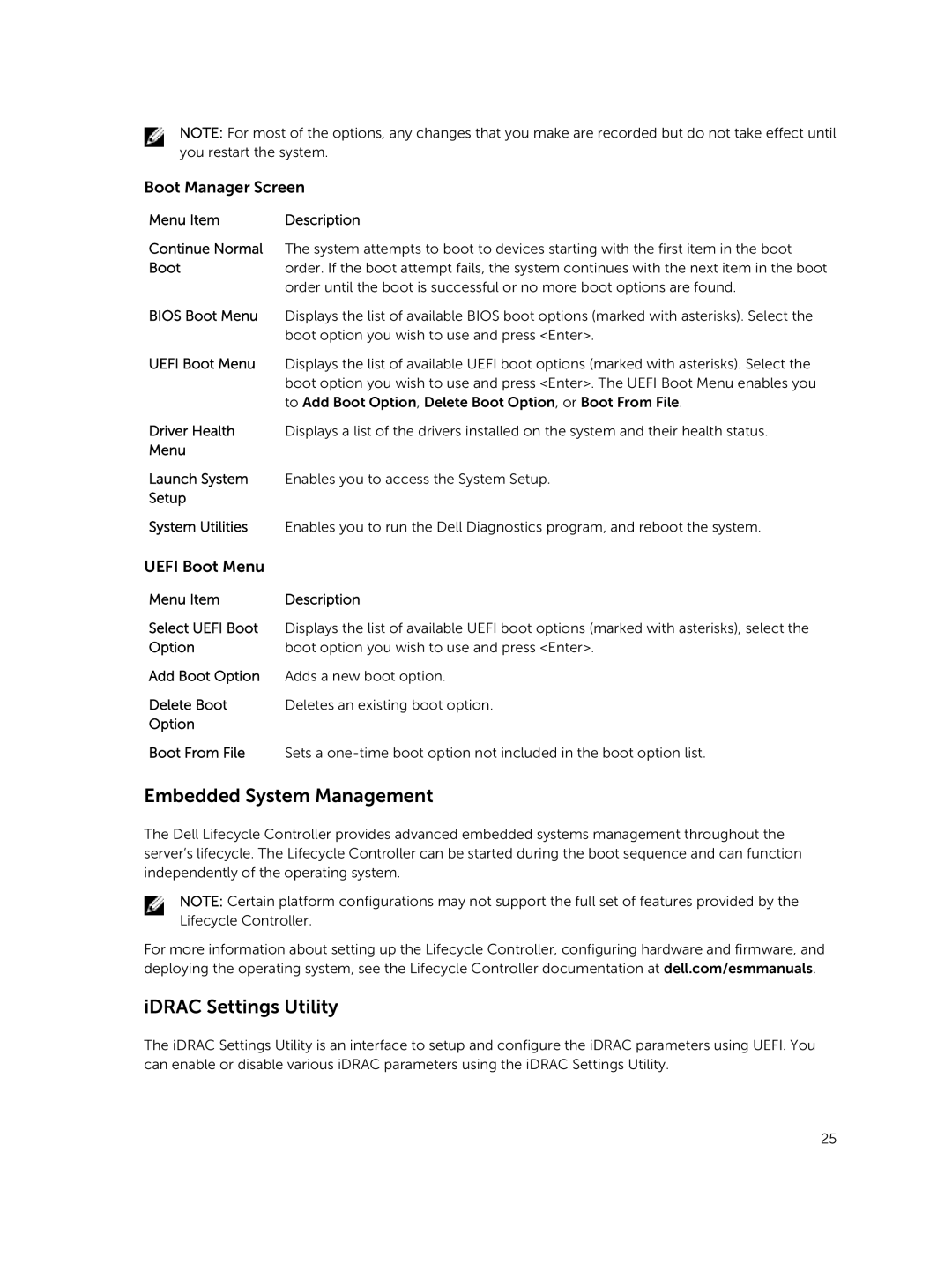 Dell R220 owner manual Embedded System Management, IDRAC Settings Utility, Boot Manager Screen, Uefi Boot Menu 