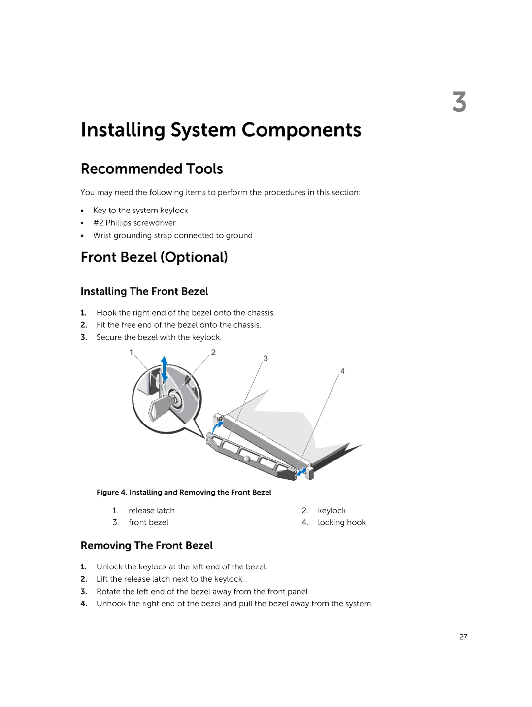 Dell R220 owner manual Installing System Components, Recommended Tools, Front Bezel Optional, Installing The Front Bezel 