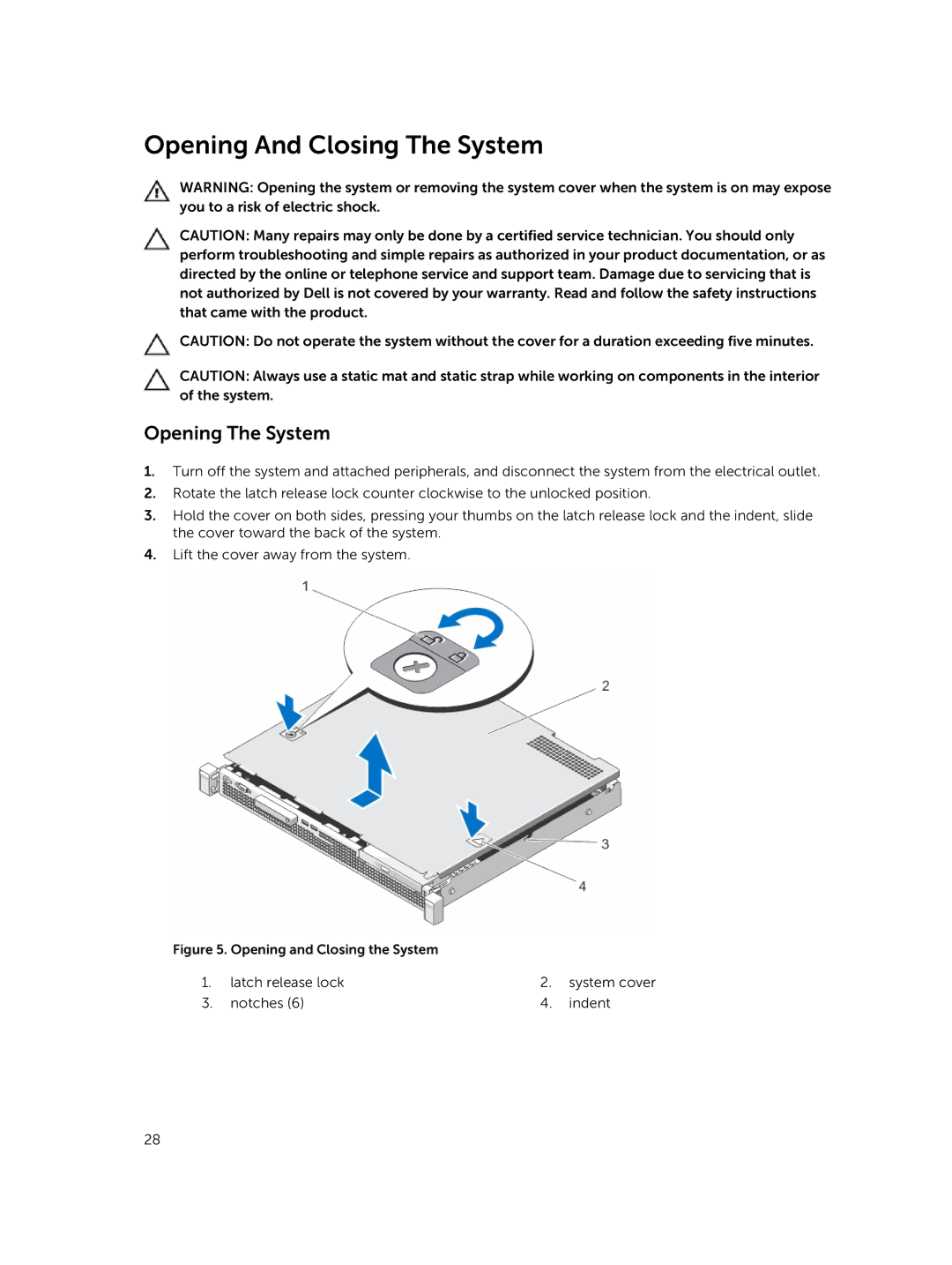 Dell R220 owner manual Opening And Closing The System, Opening The System 