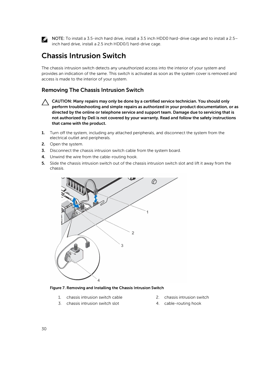 Dell R220 owner manual Removing The Chassis Intrusion Switch 