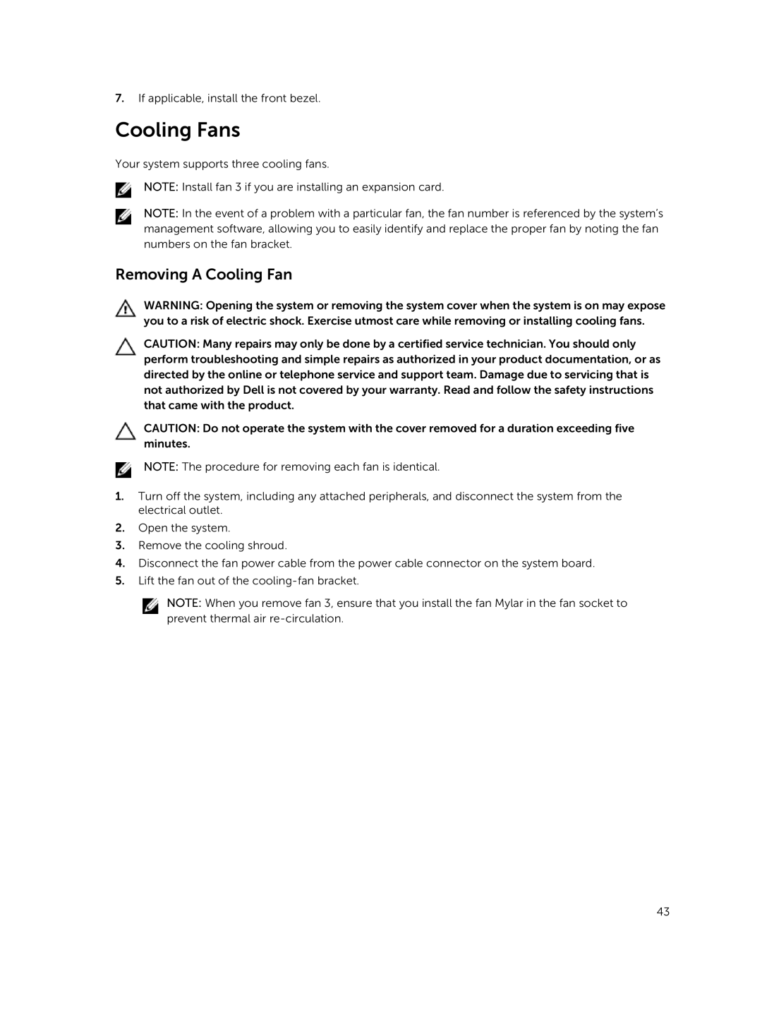 Dell R220 owner manual Cooling Fans, Removing a Cooling Fan 