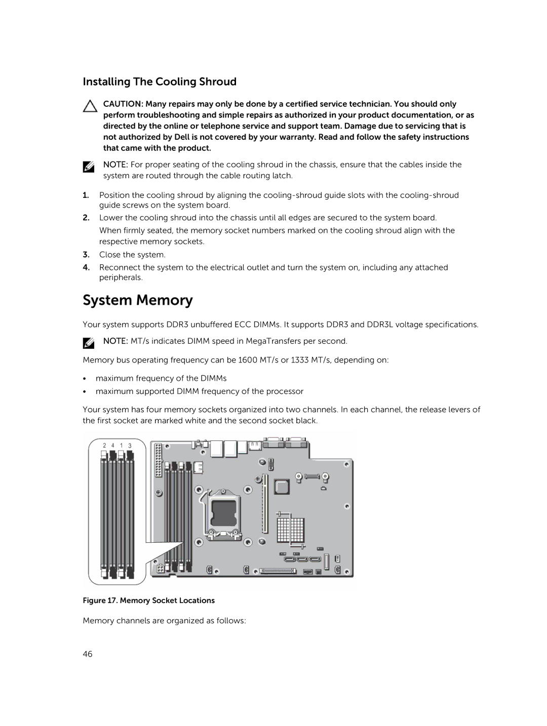 Dell R220 owner manual System Memory, Installing The Cooling Shroud 