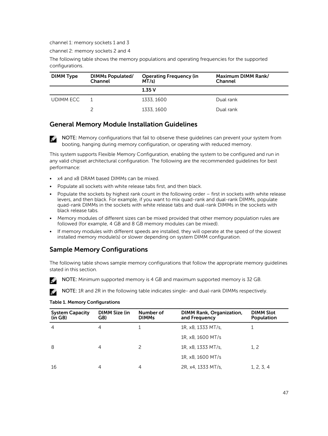 Dell R220 owner manual General Memory Module Installation Guidelines, Sample Memory Configurations 