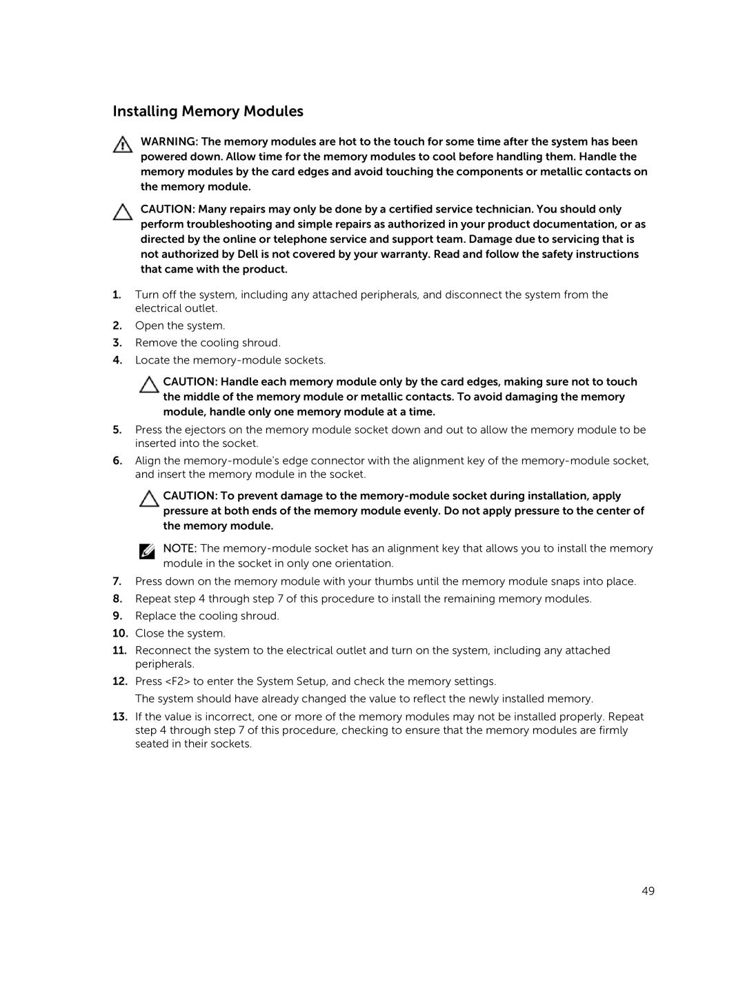 Dell R220 owner manual Installing Memory Modules 