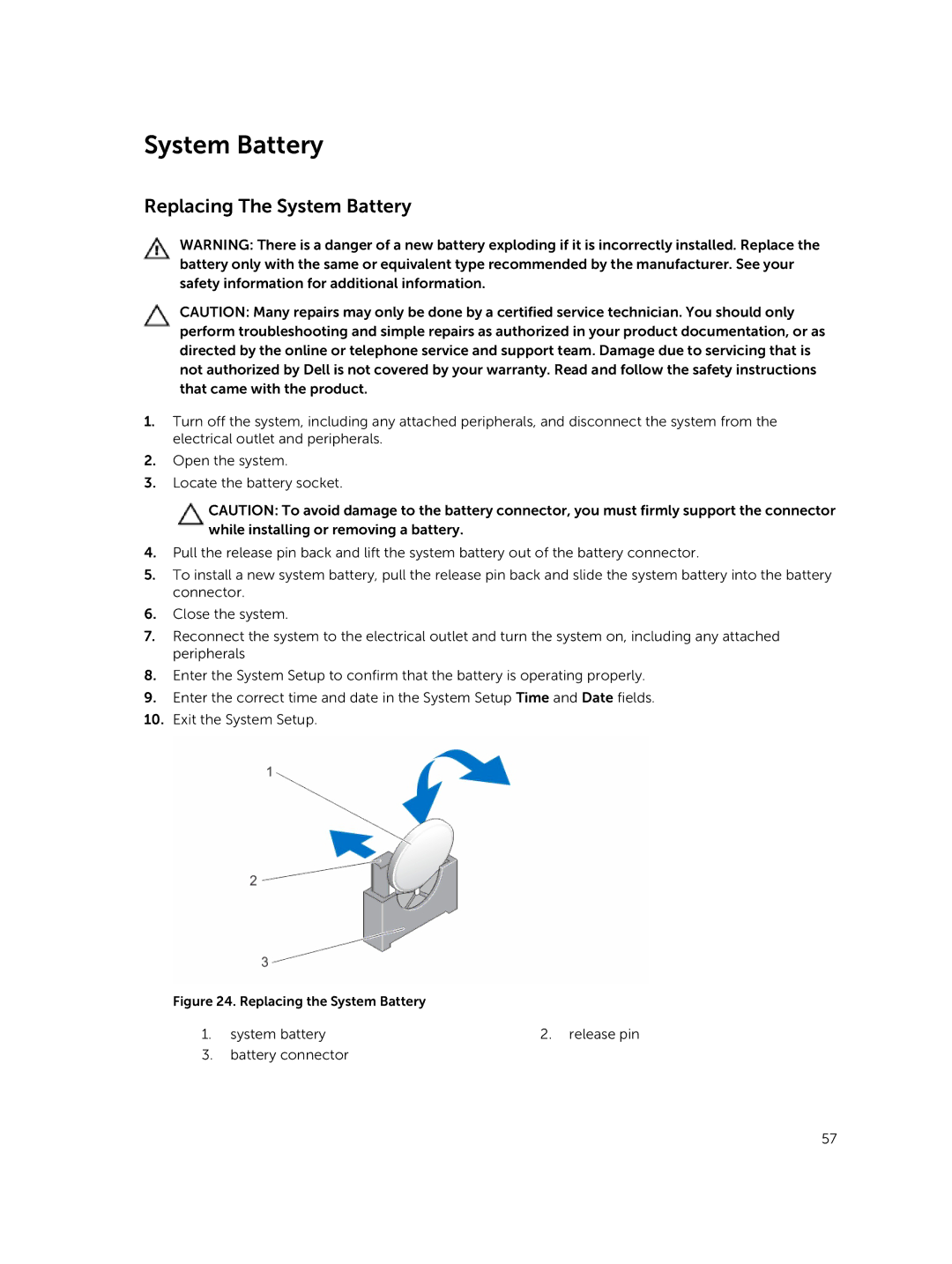 Dell R220 owner manual Replacing The System Battery 