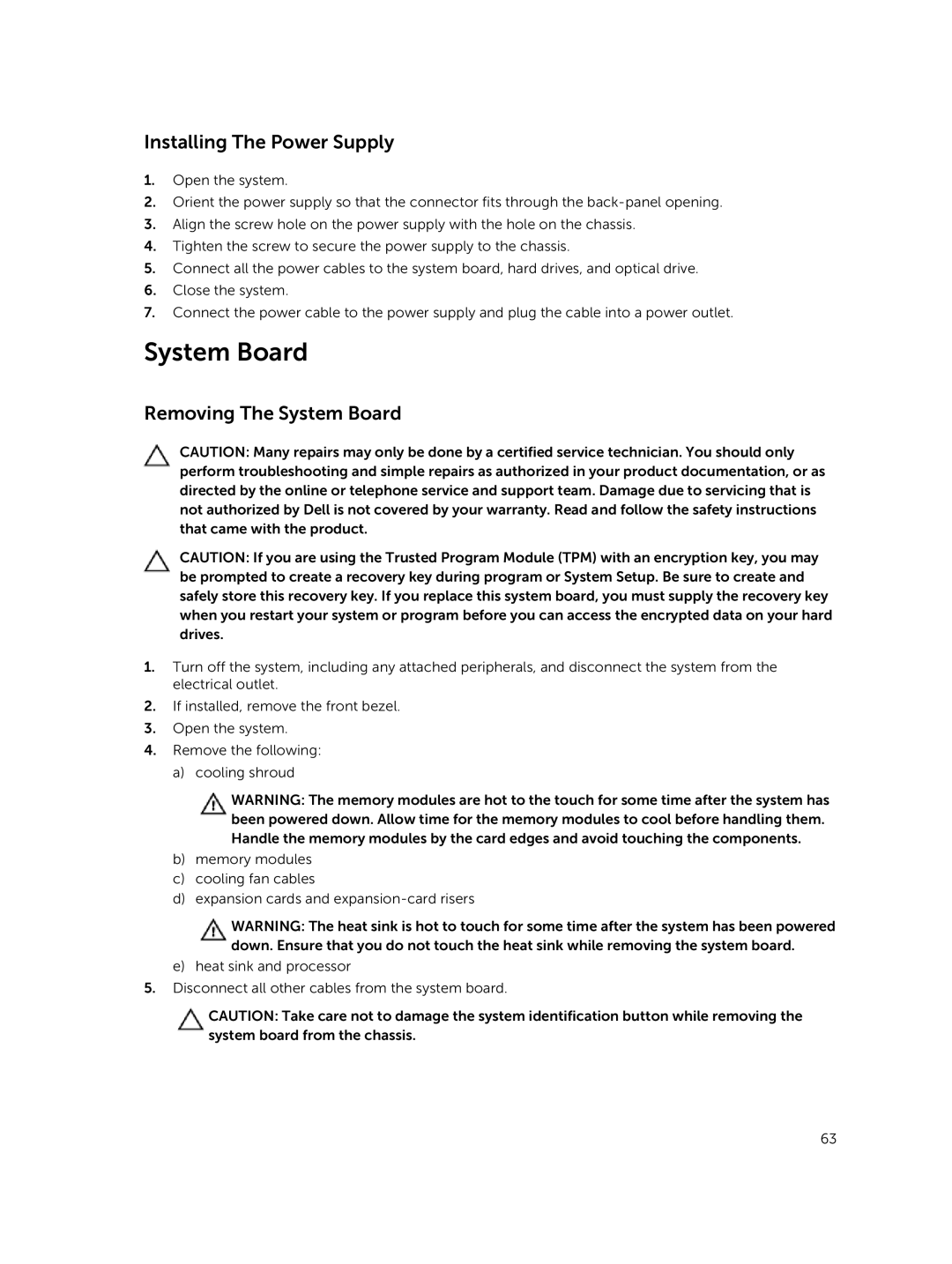 Dell R220 owner manual Installing The Power Supply, Removing The System Board 