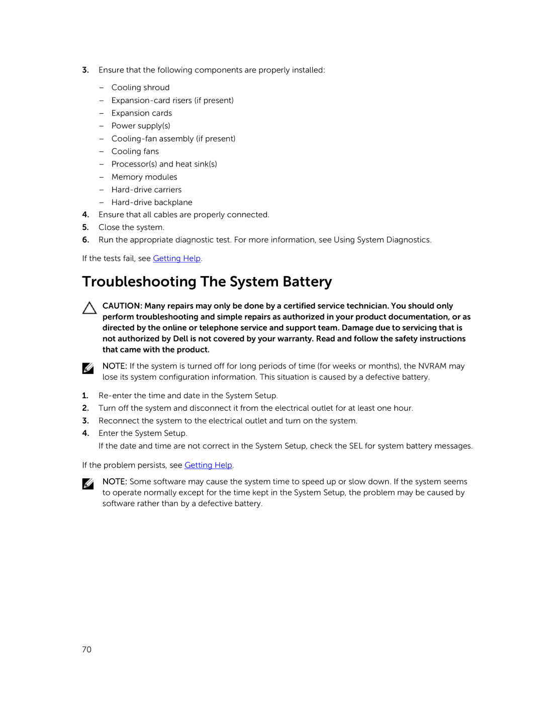 Dell R220 owner manual Troubleshooting The System Battery 