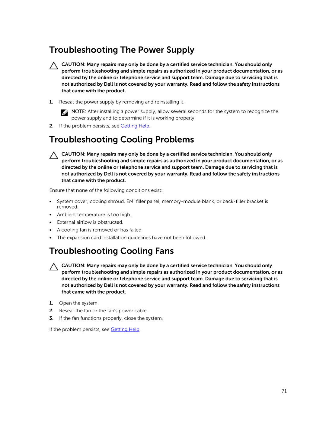 Dell R220 owner manual Troubleshooting The Power Supply, Troubleshooting Cooling Problems, Troubleshooting Cooling Fans 