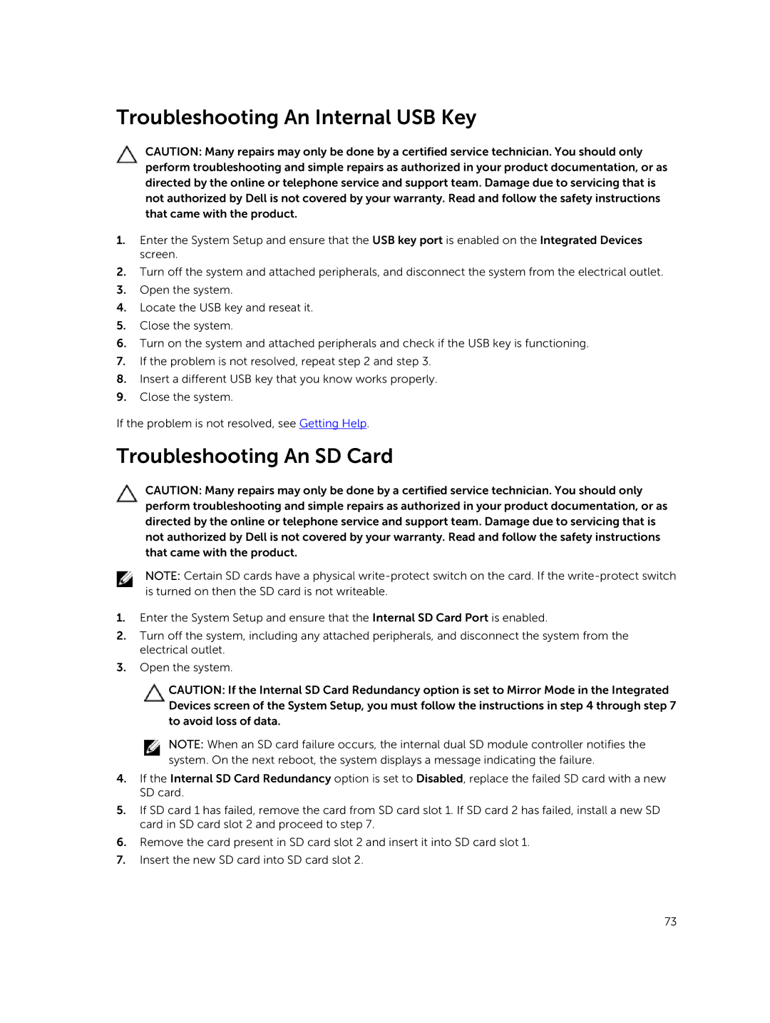 Dell R220 owner manual Troubleshooting An Internal USB Key, Troubleshooting An SD Card 