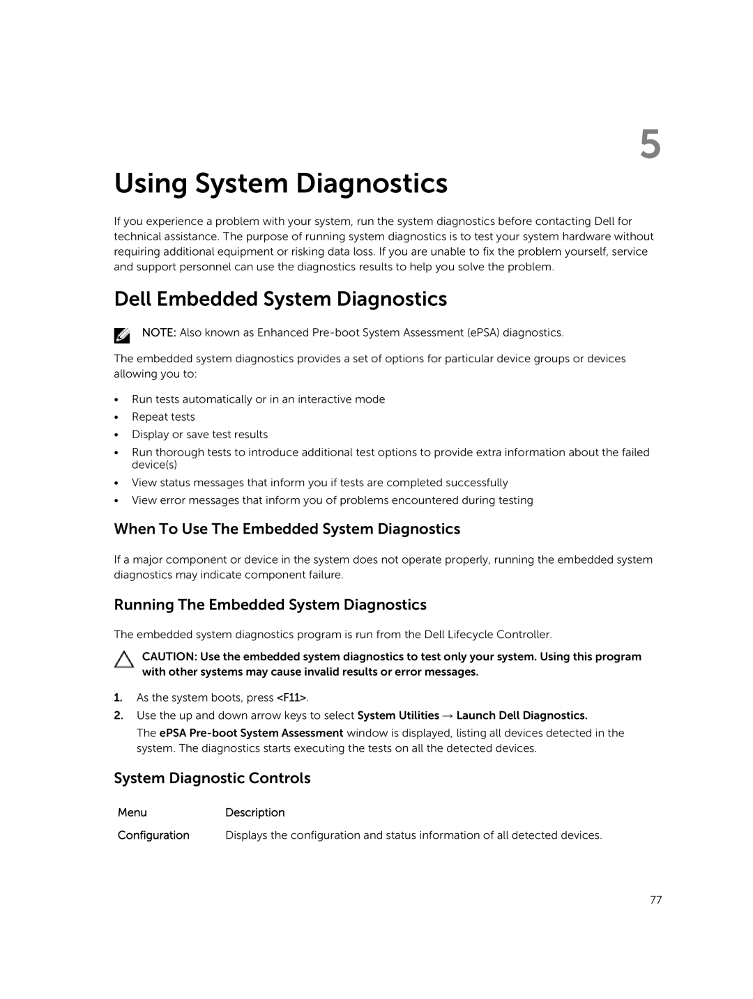 Dell R220 Using System Diagnostics, Dell Embedded System Diagnostics, When To Use The Embedded System Diagnostics 