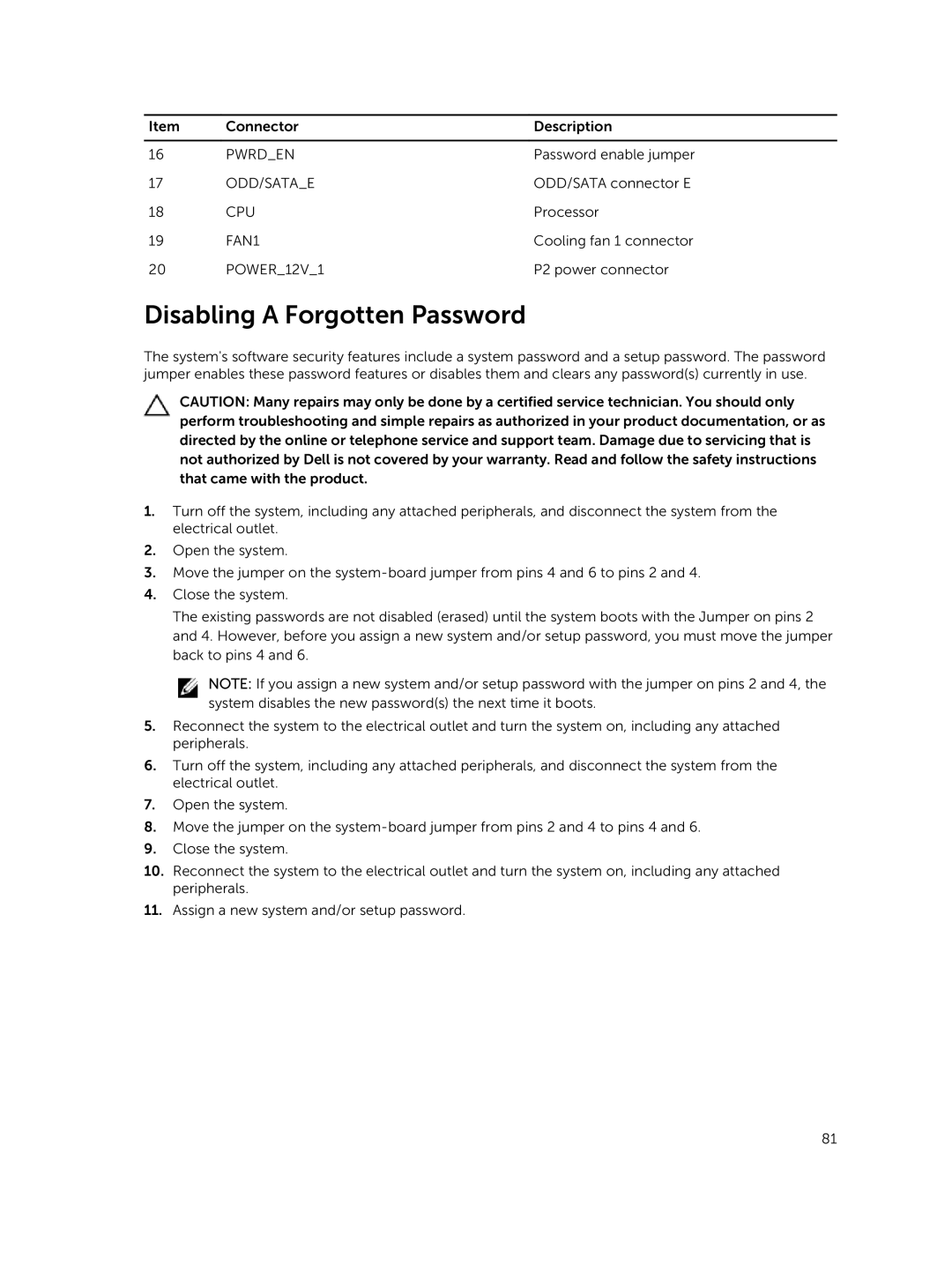 Dell R220 owner manual Disabling a Forgotten Password 