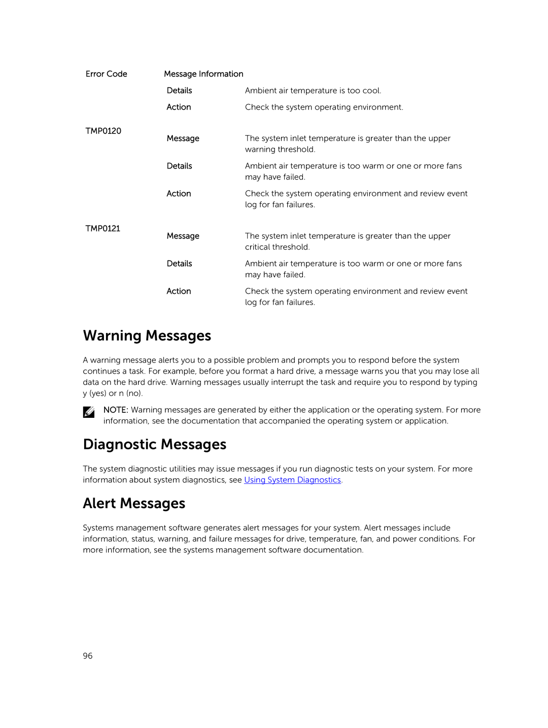 Dell R220 owner manual Diagnostic Messages, Alert Messages 