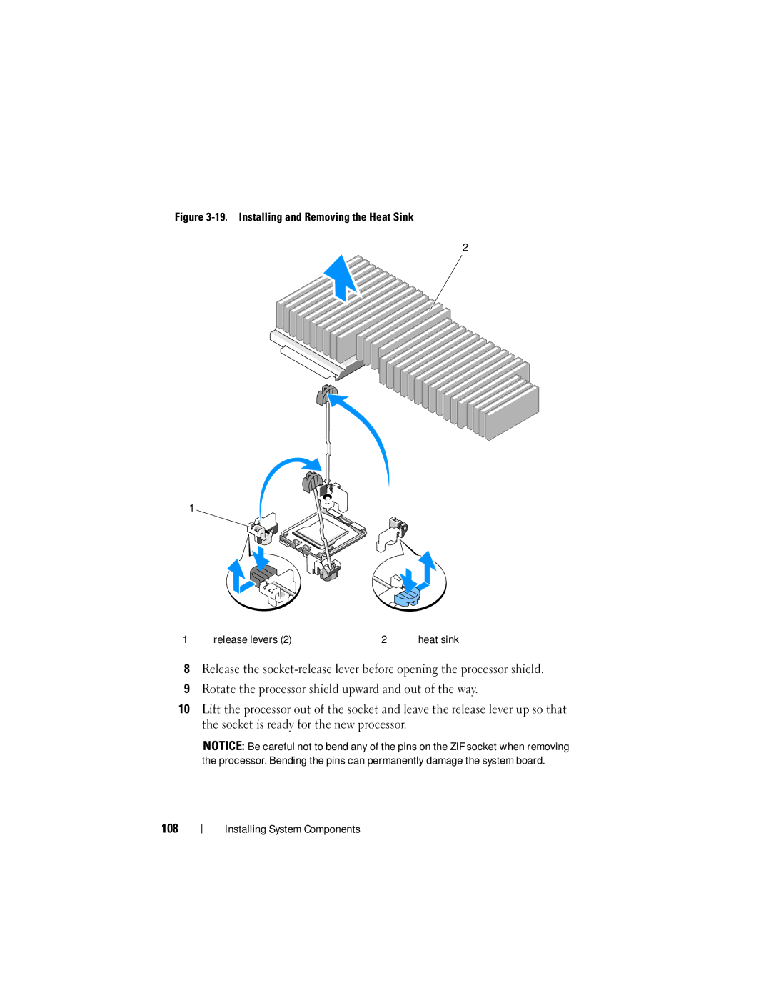 Dell R300 owner manual Installing and Removing the Heat Sink Release levers 