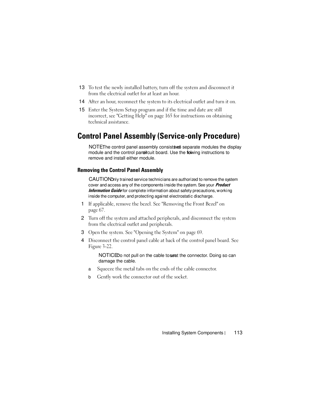 Dell R300 owner manual Control Panel Assembly Service-only Procedure, Removing the Control Panel Assembly, 113 