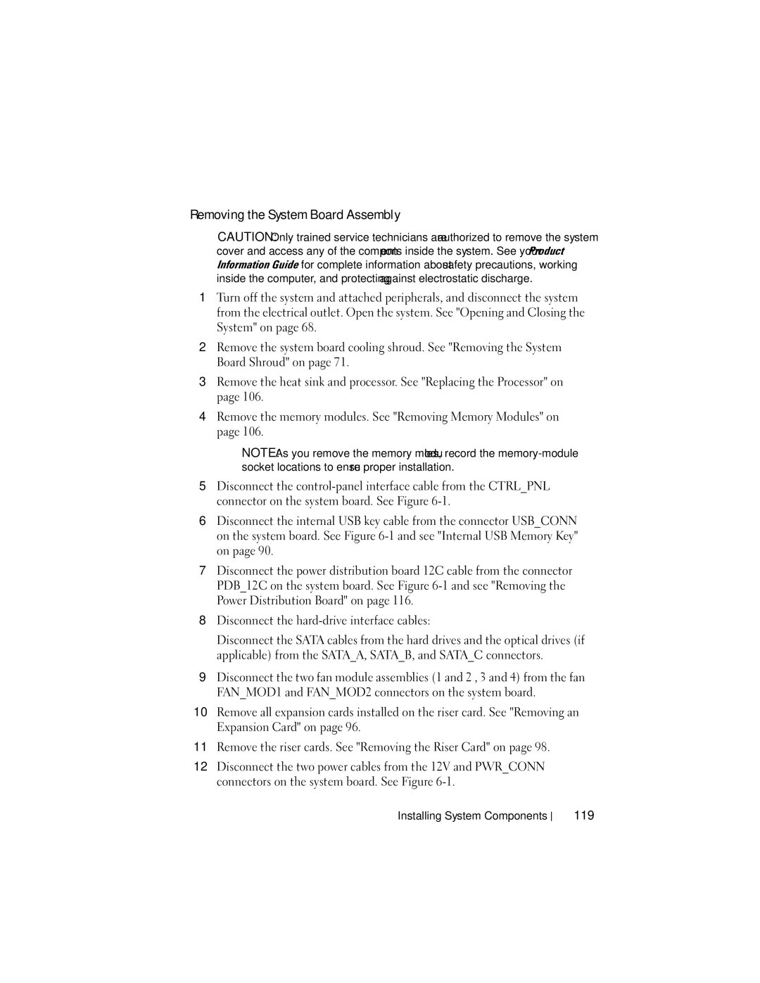 Dell R300 owner manual Removing the System Board Assembly, 119 