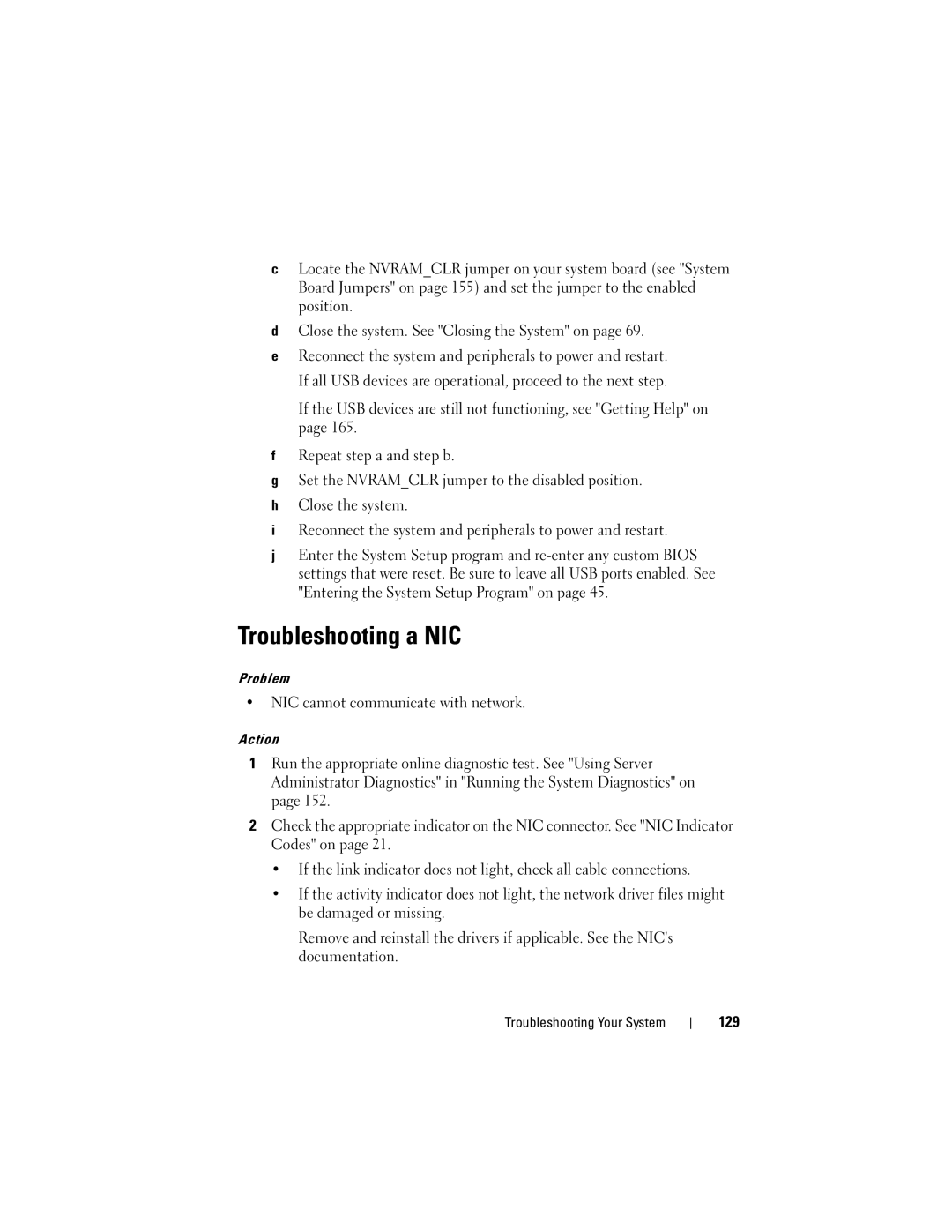 Dell R300 owner manual Troubleshooting a NIC, NIC cannot communicate with network, 129 